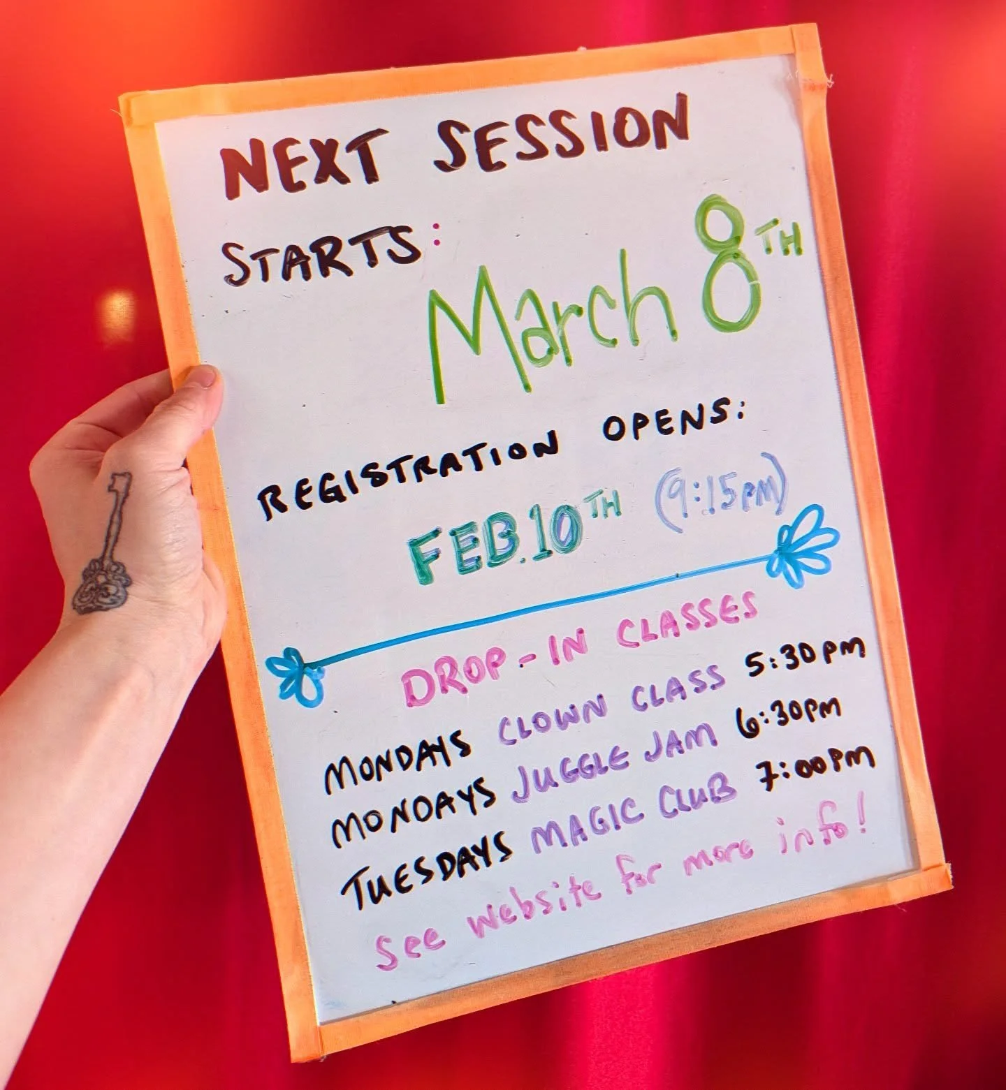 Did you miss signing up for the Jan / Feb session? Well the next one starts March 8, and registration will open at 9:15pm on February 10th! Get on the studio emailing list to get notified about our offerings, there's a link to opt in on the website ?