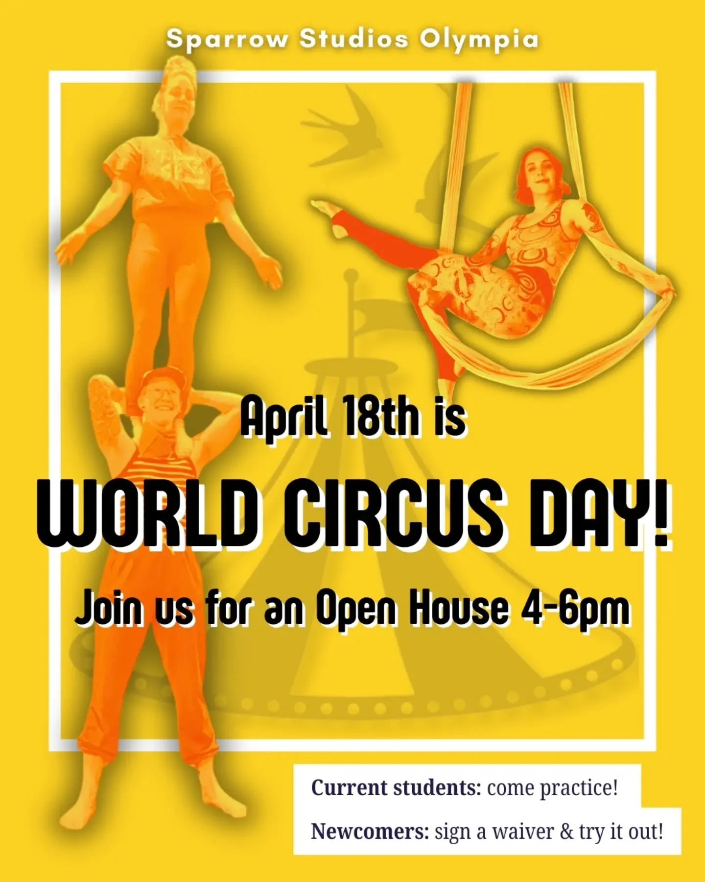 Join us April 18 in celebrating World Circus Day! 

We&rsquo;re hosting an Open House from 4-6pm

World Circus Day began years ago as a way to generate public awareness for the circus arts. Join us at the studio for an afternoon of circus and communi