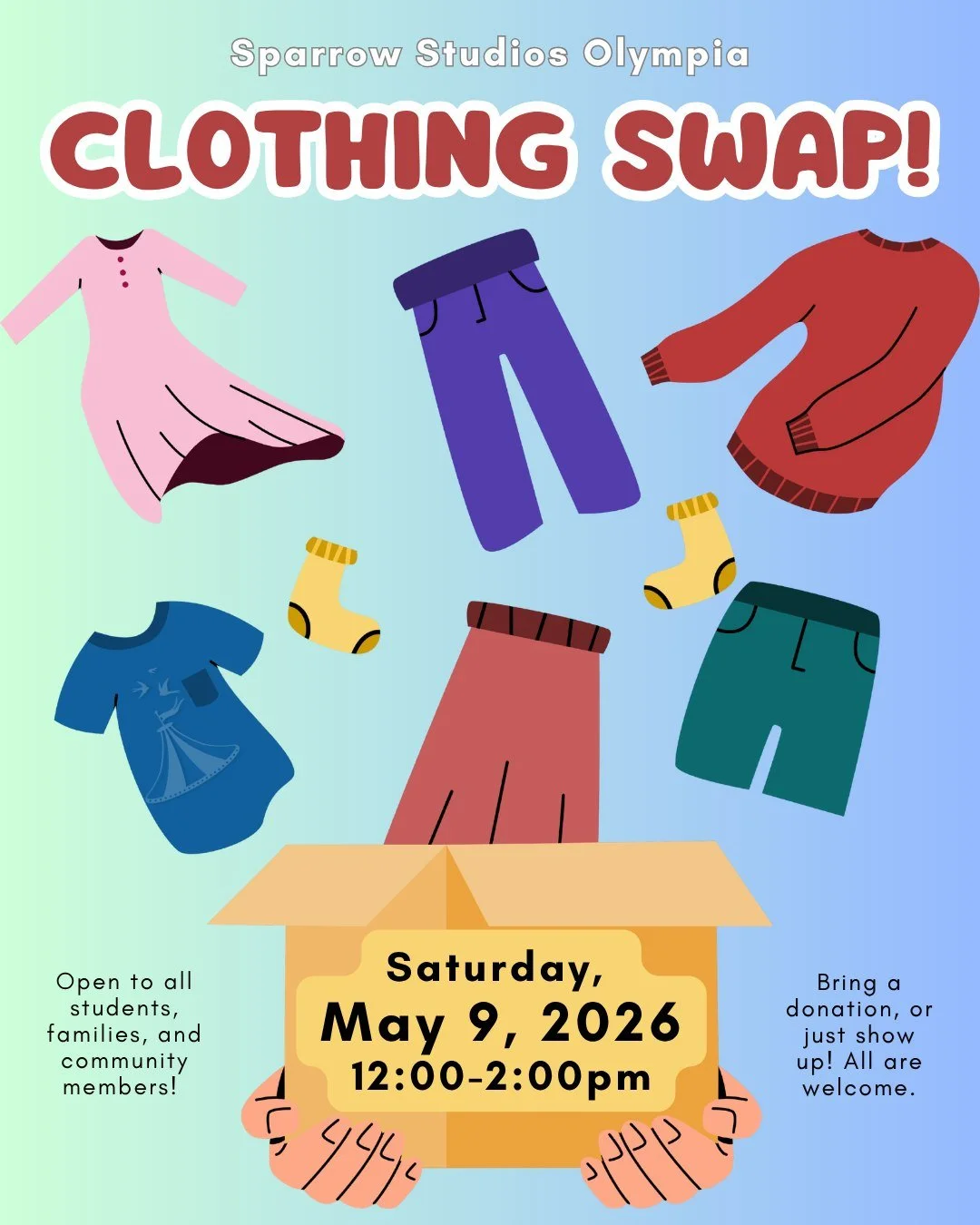Time for our biannual clothing swap! 
Start your spring cleansing, and share abundance with the community.  Looking forward to seeing you on May 9th! Right after Coach Audrey's Baby Shower :)

#clothingswap