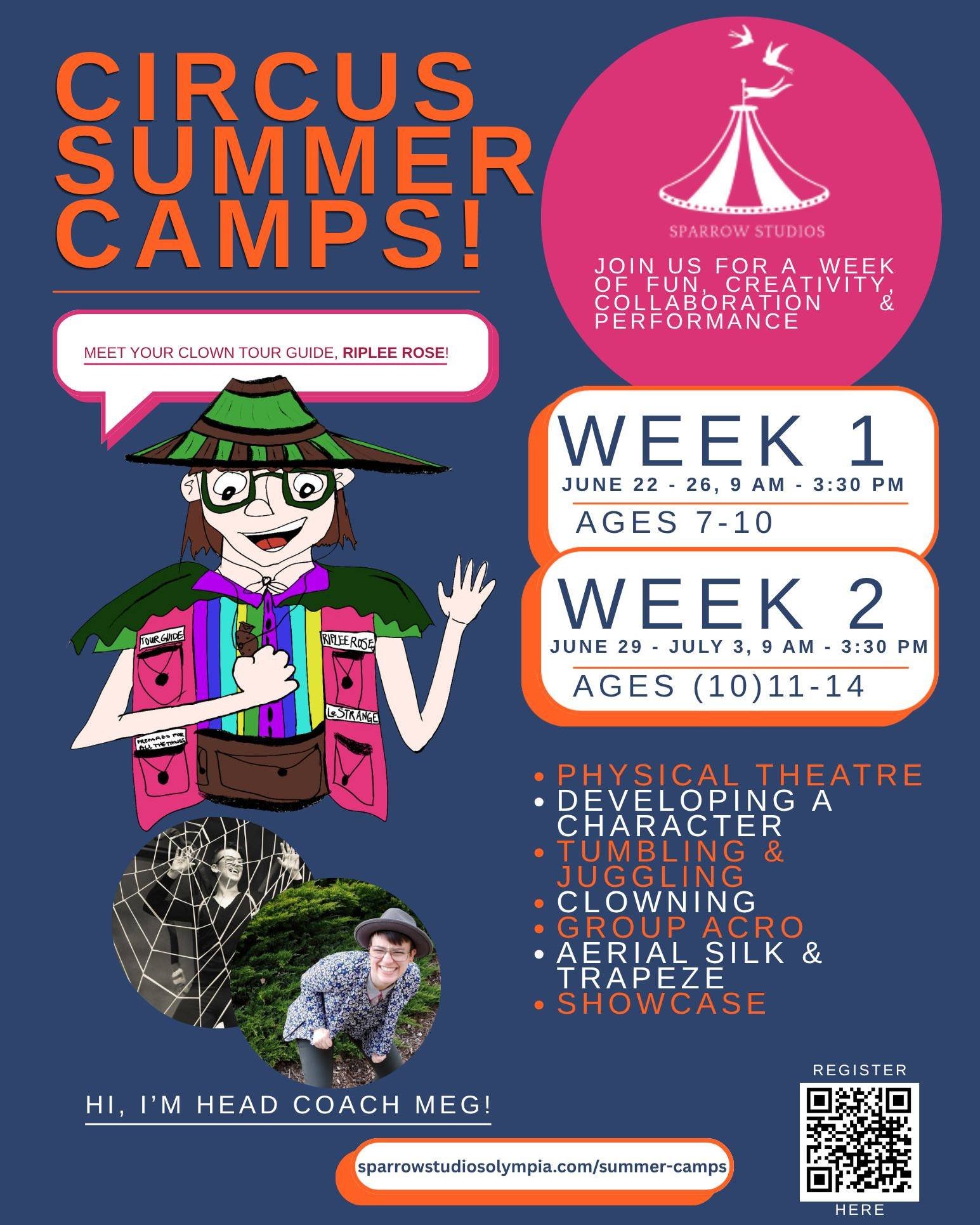 Do your kiddos still need summer plans? Well this year Sparrow Studios is offering two, week-long, full-day camps, 9am - 3:30pm, with a unique focus on creation and collaboration. All your favorite activities are included: clowning, tumbling, jugglin