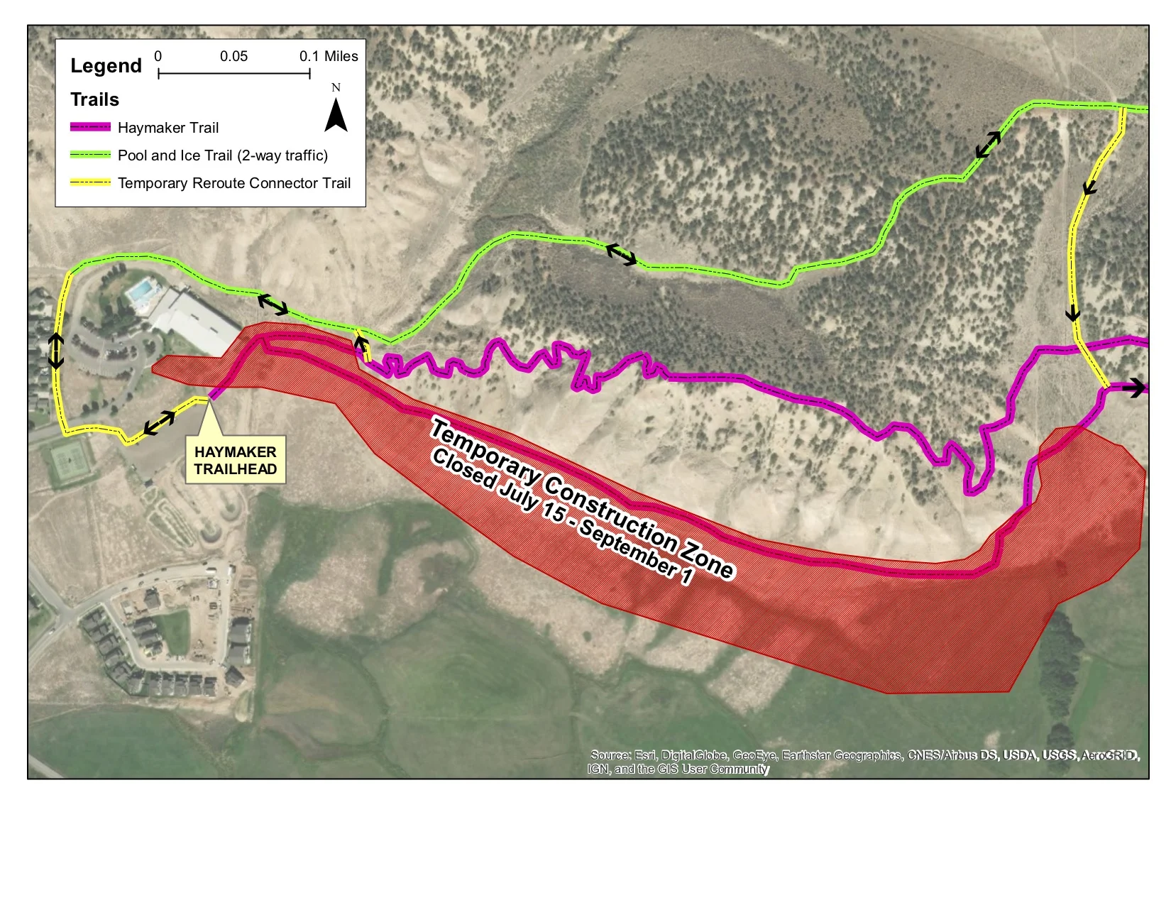 Above is a map of reroutes to the Haymaker Trail. Reroutes will be effective July 15-September 1, 2019.