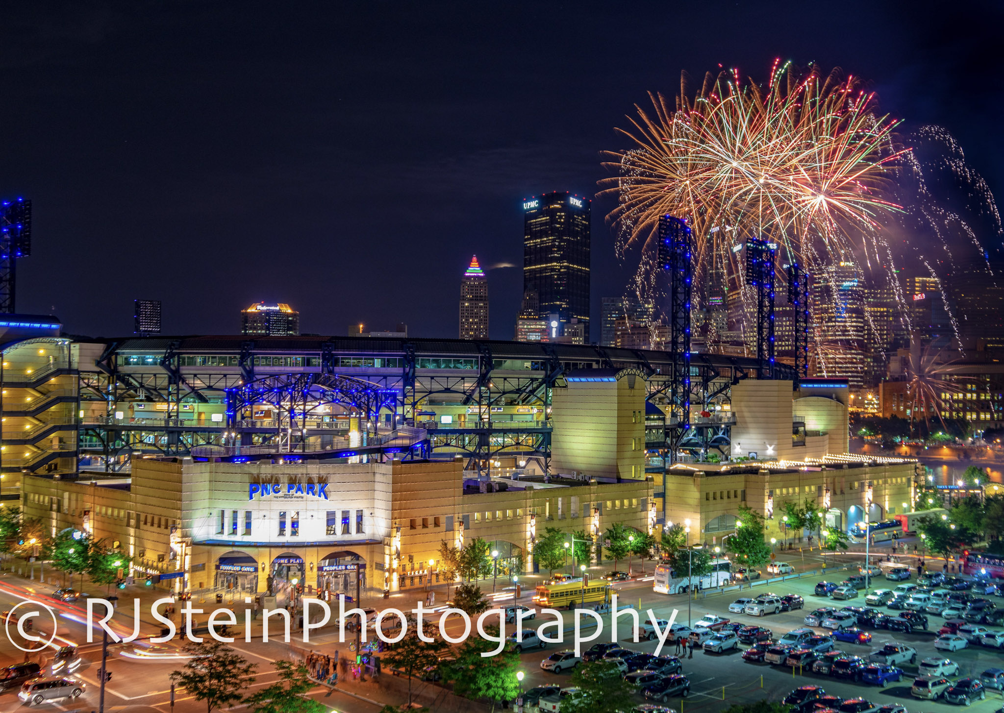 pnc park fireworks in red, pittsburgh, 2018