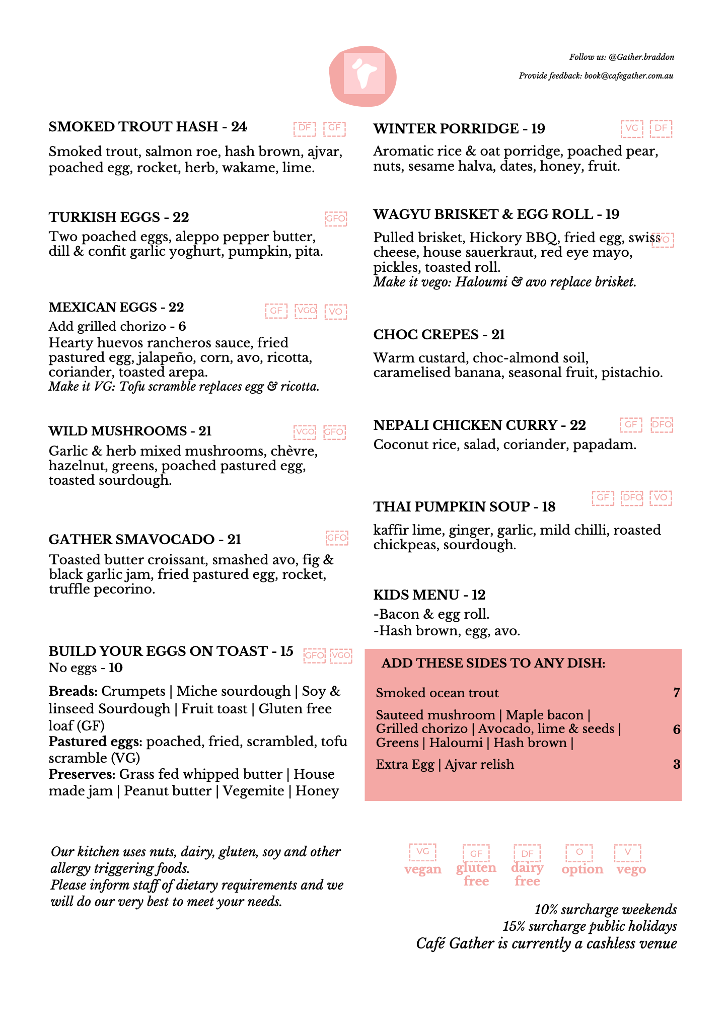Our Menu Dinein & Takeout Canberra, Braddon Cafe Menu — Gather Cafe