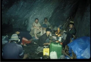 Here, the porters, cook, and I are eating dinner beneath a large rock during a monsoon rain. Later, my Masters student Jeff Moffett went to work in the Himalayas with Lhakpa; and my PhD student, Alark Saxena, also did research in the Himalayas of Nepal.