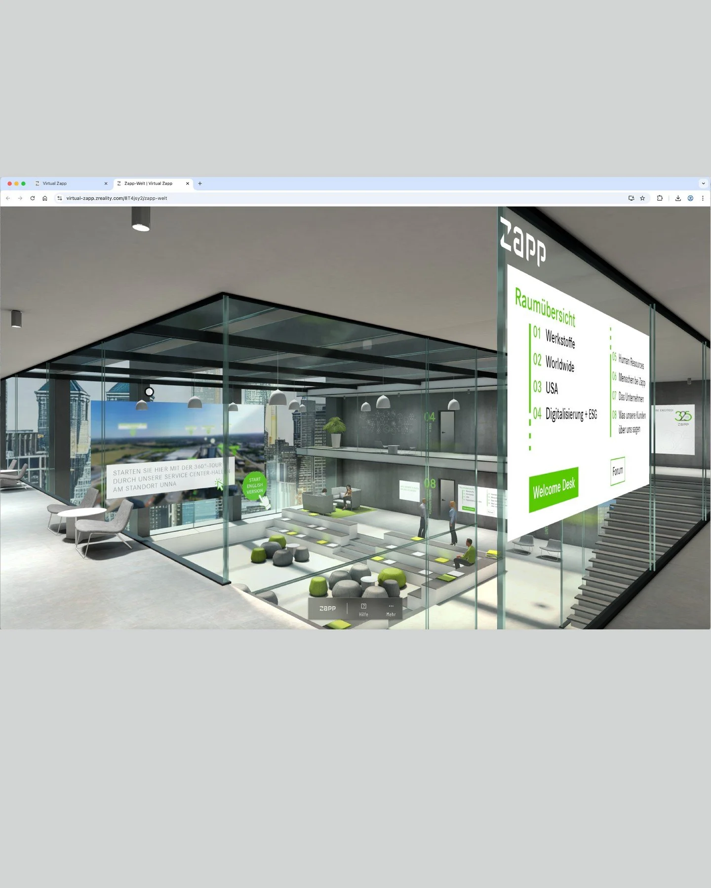 Vor kurzem wurden wir von Zapp damit beauftragt, die &raquo;virtuelle Zapp-Welt&laquo; zu gestalten. 

Nach w&ouml;chentlichen Meetings entstand in Zusammenarbeit mit ZReality und Zapp eine 3-D-Welt, deren Corporate Design an das Zapp-Conference Cent