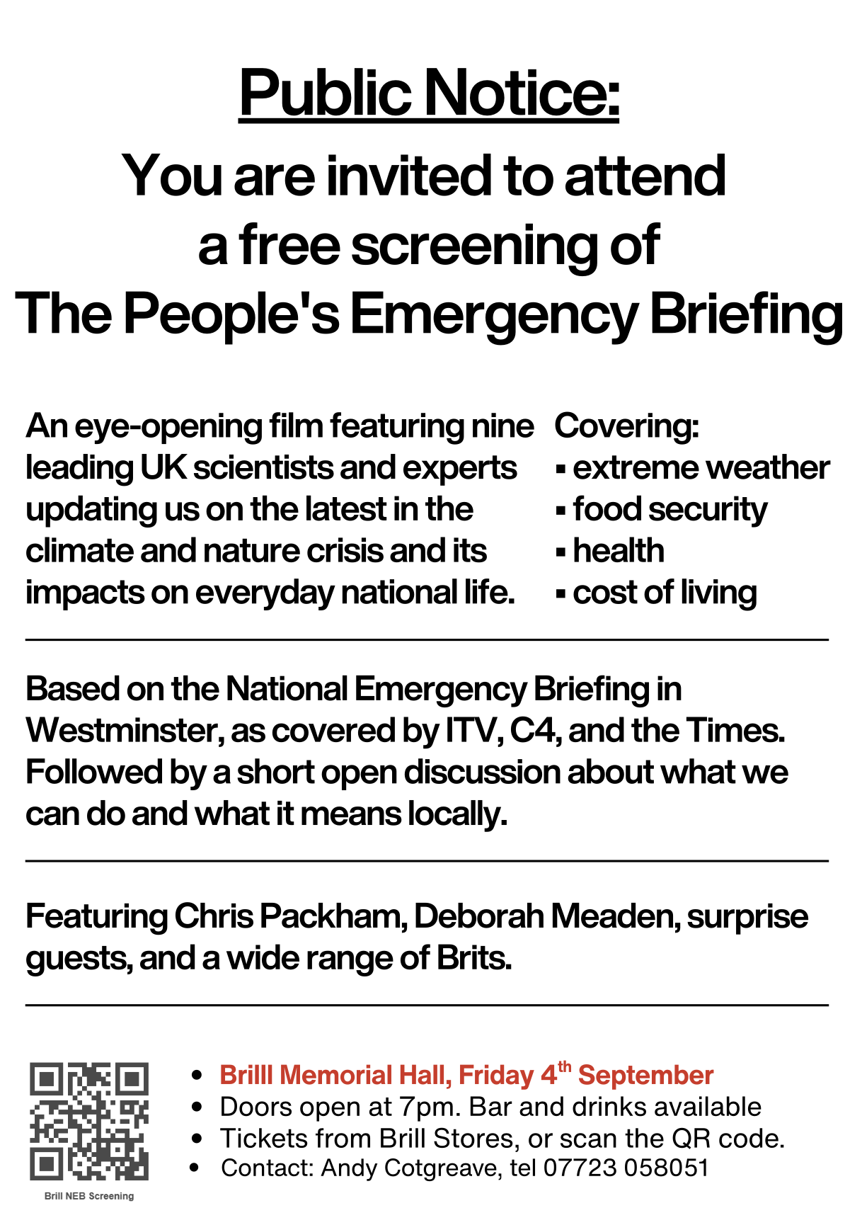 Poster advertising The People's Emergency Briefing, a film on the threats to British life from ongoing damage to nature and to our climate to be shown in Brill Memorial Hall on September 4th at 7pm. Follow the link to get your free ticket.