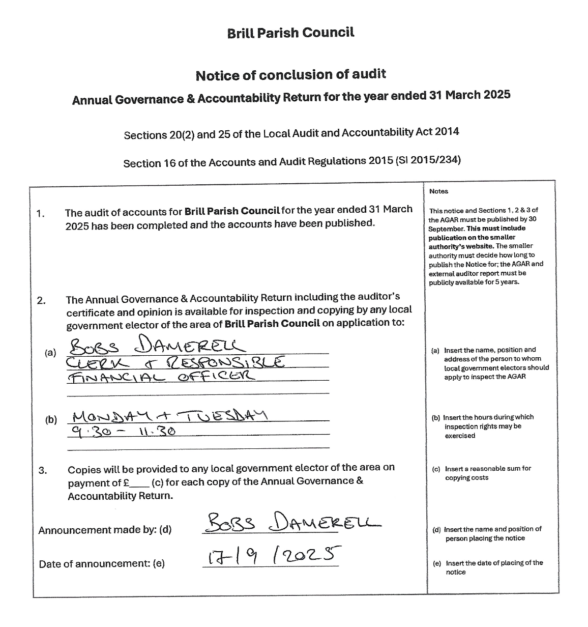 Photo of formal document completed by giving Notice of Conclusion of Audit.