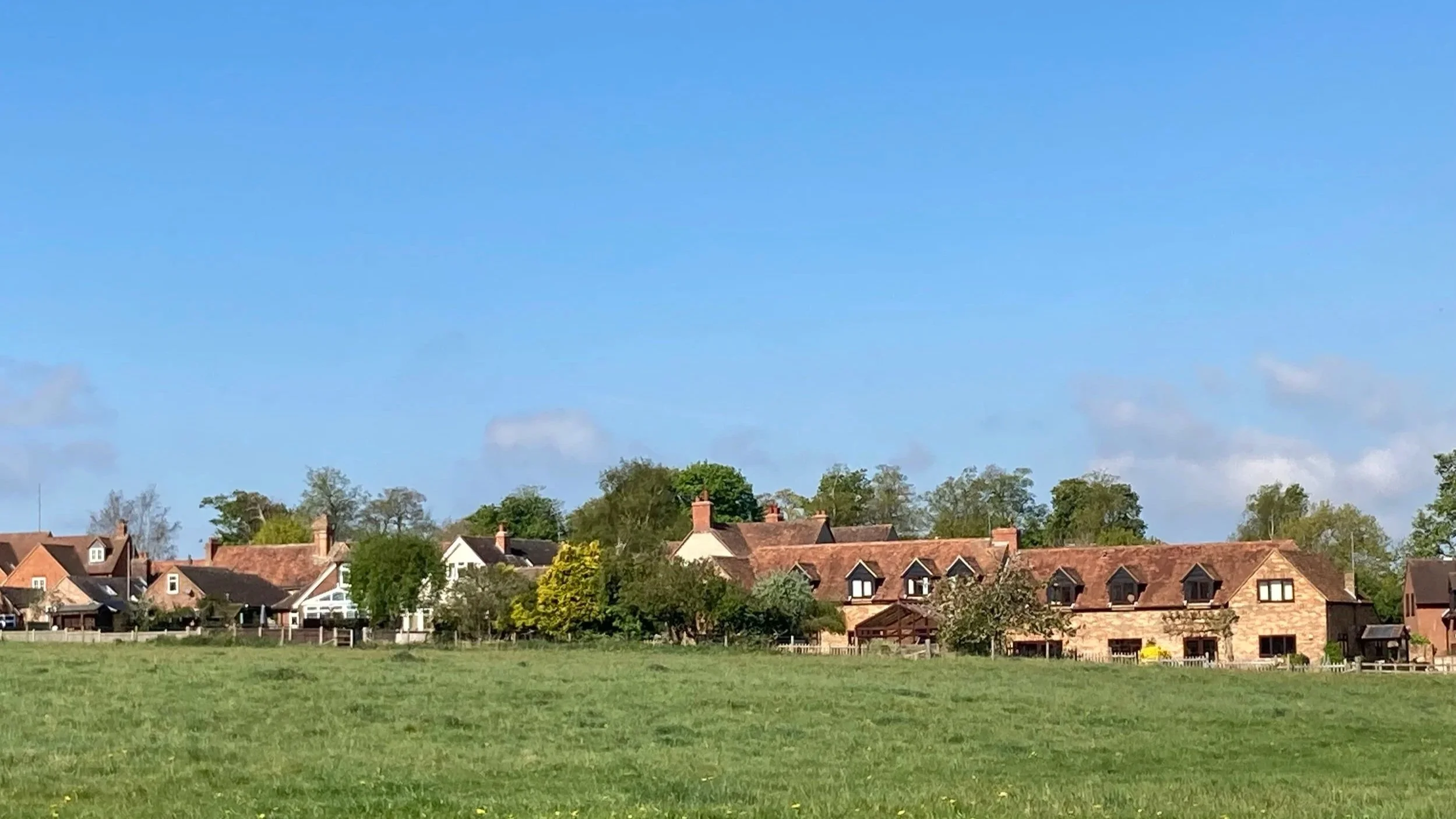 Photo of low brick-built houses with trees behind and grass in front.