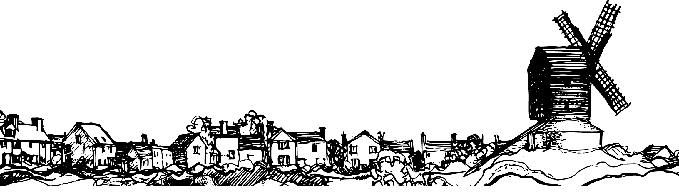 Line drawing of houses and Brill windmill
