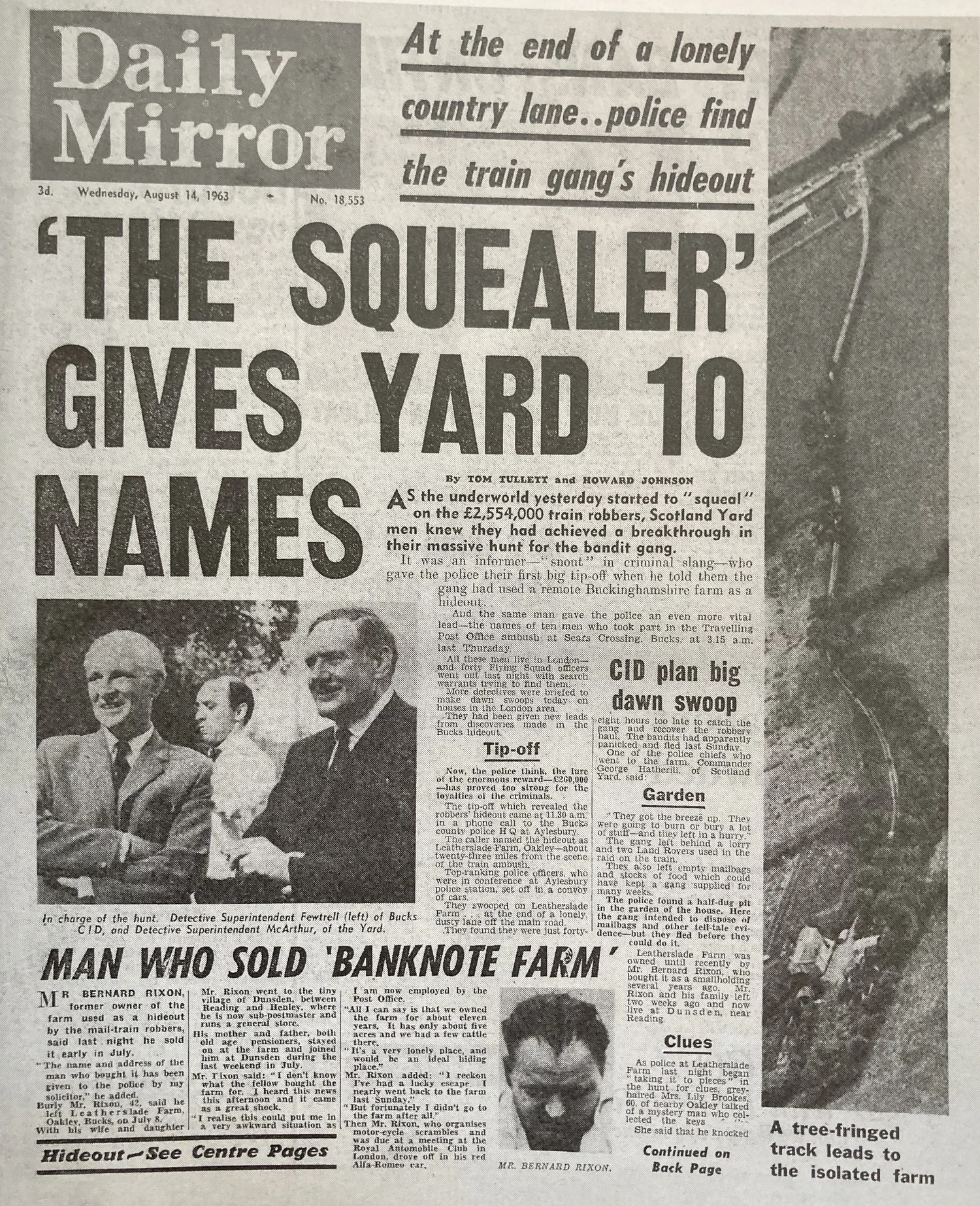 Reproduction front page of the Daily Mirror with headlines regarding finding the robbers' hideout in Leatherslade Farm.
