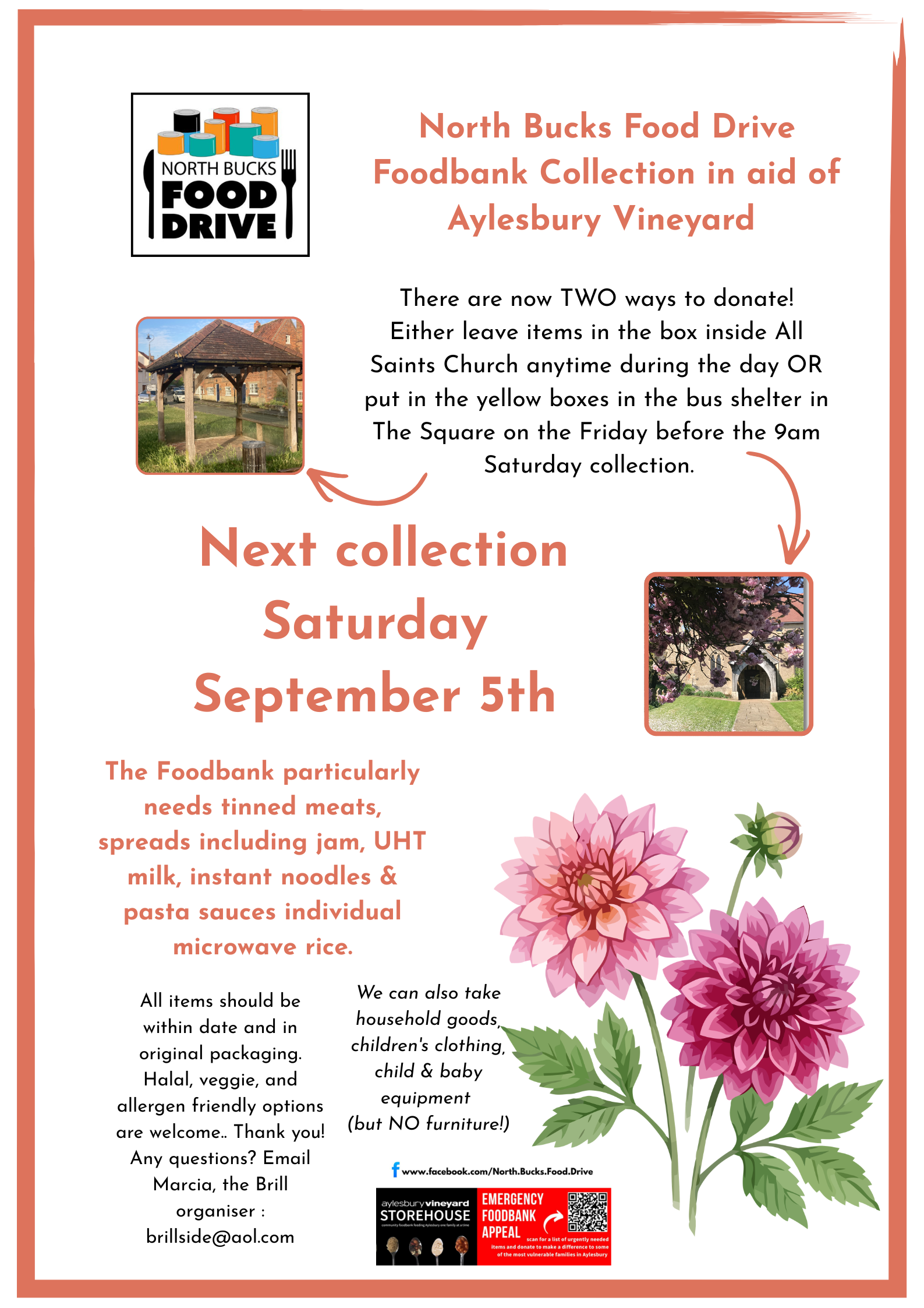 Poster promoting the next foodbank collection in Brill on September 5th. Please leave donations in All Saints Church or the bus shelter on The Square before 9am.