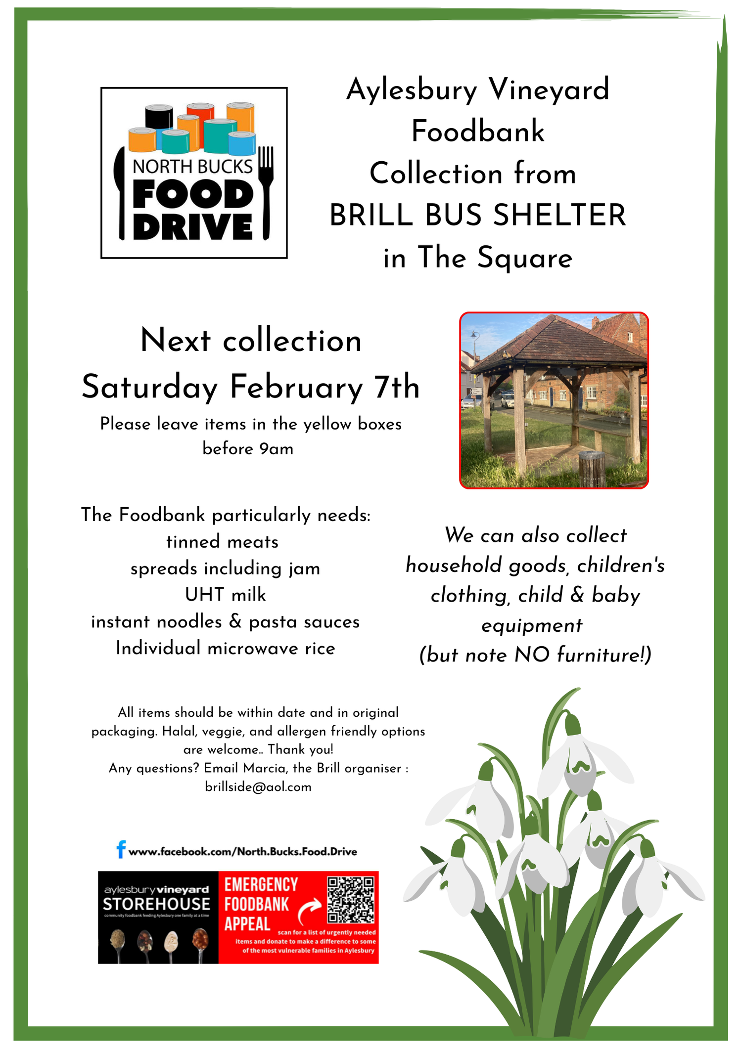 Poster promoting the next foodbank collection from the Brill bus stop on February 7th