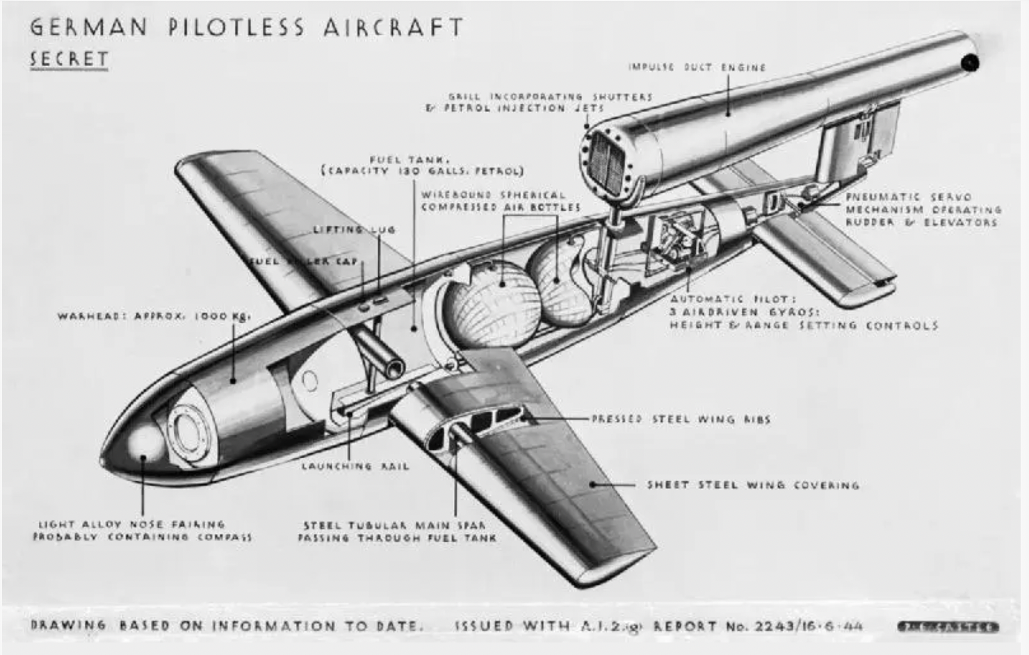Reproduction of a technical drawing showing the interior of a German Pilotless Aircraft.