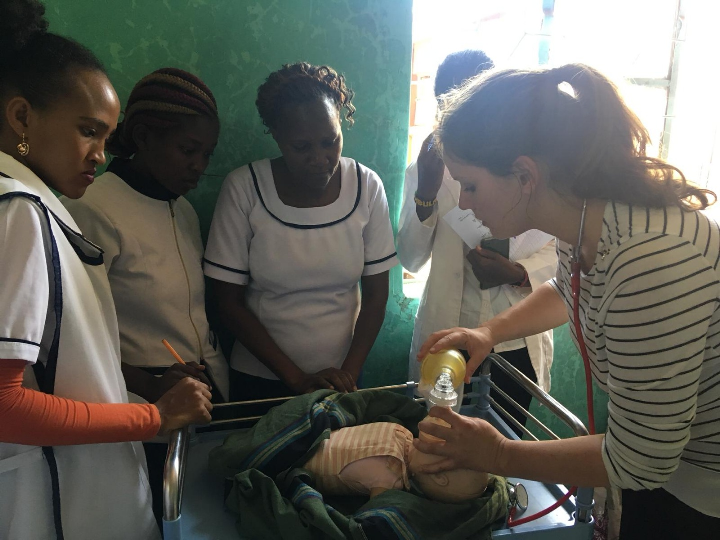  Katy and Jacq from the UK team teaching neonatal resuscitation 'live' on the wards with maternity staff 