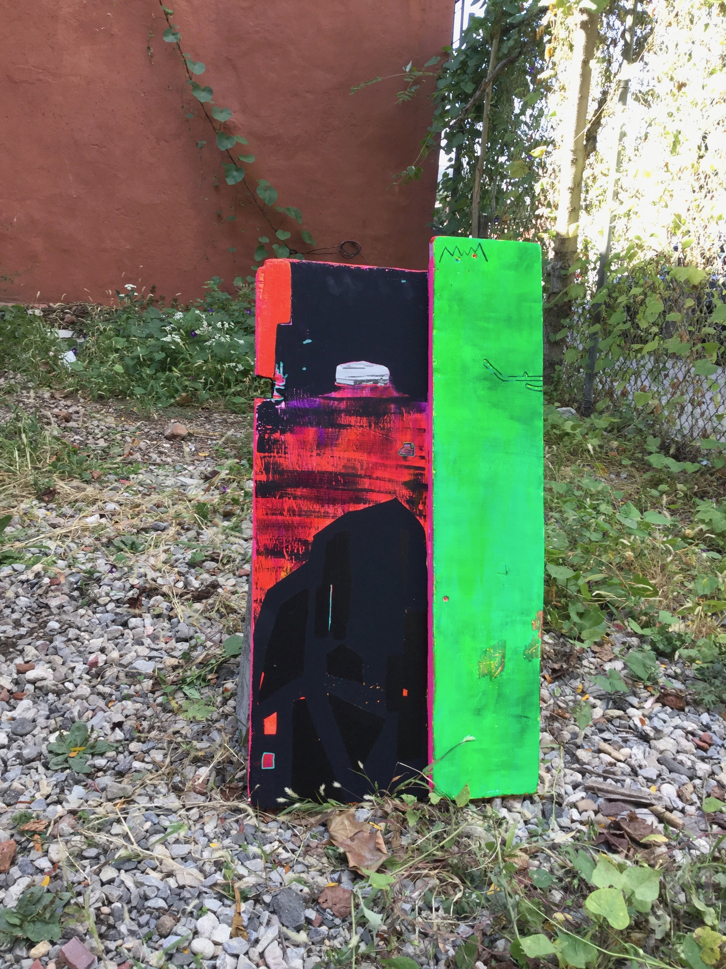  From  Grave/Monolith Series,  Site-specific installation at Art Lot Brooklyn.    Acrylic, Flashe, glitter, collage, ink and colored pencil on found wood, dimensions variable. 