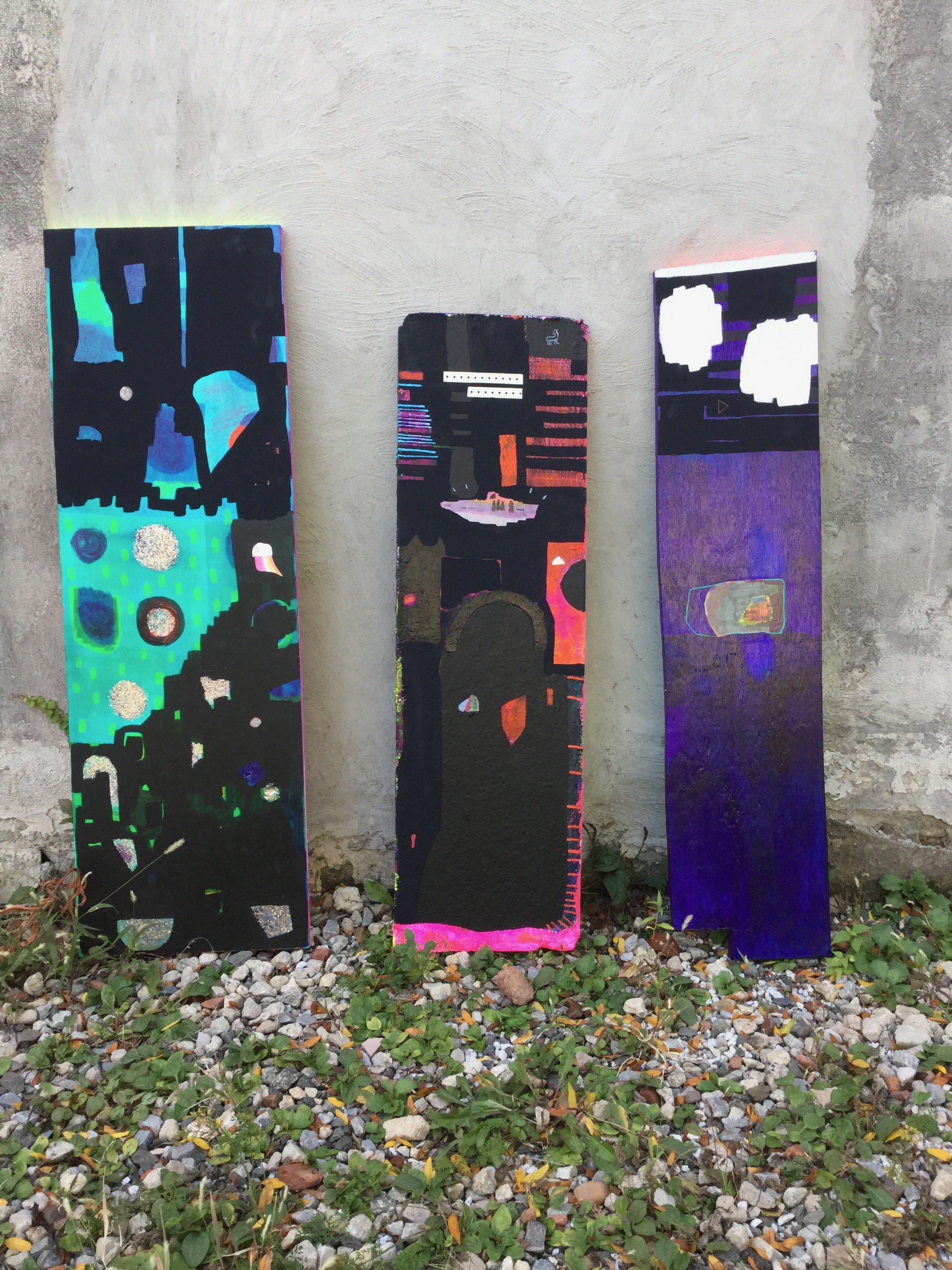  From  Grave/Monolith Series,  Site-specific installation at Art Lot Brooklyn.    Acrylic, Flashe, glitter, collage, ink and colored pencil on found wood, dimensions variable.             