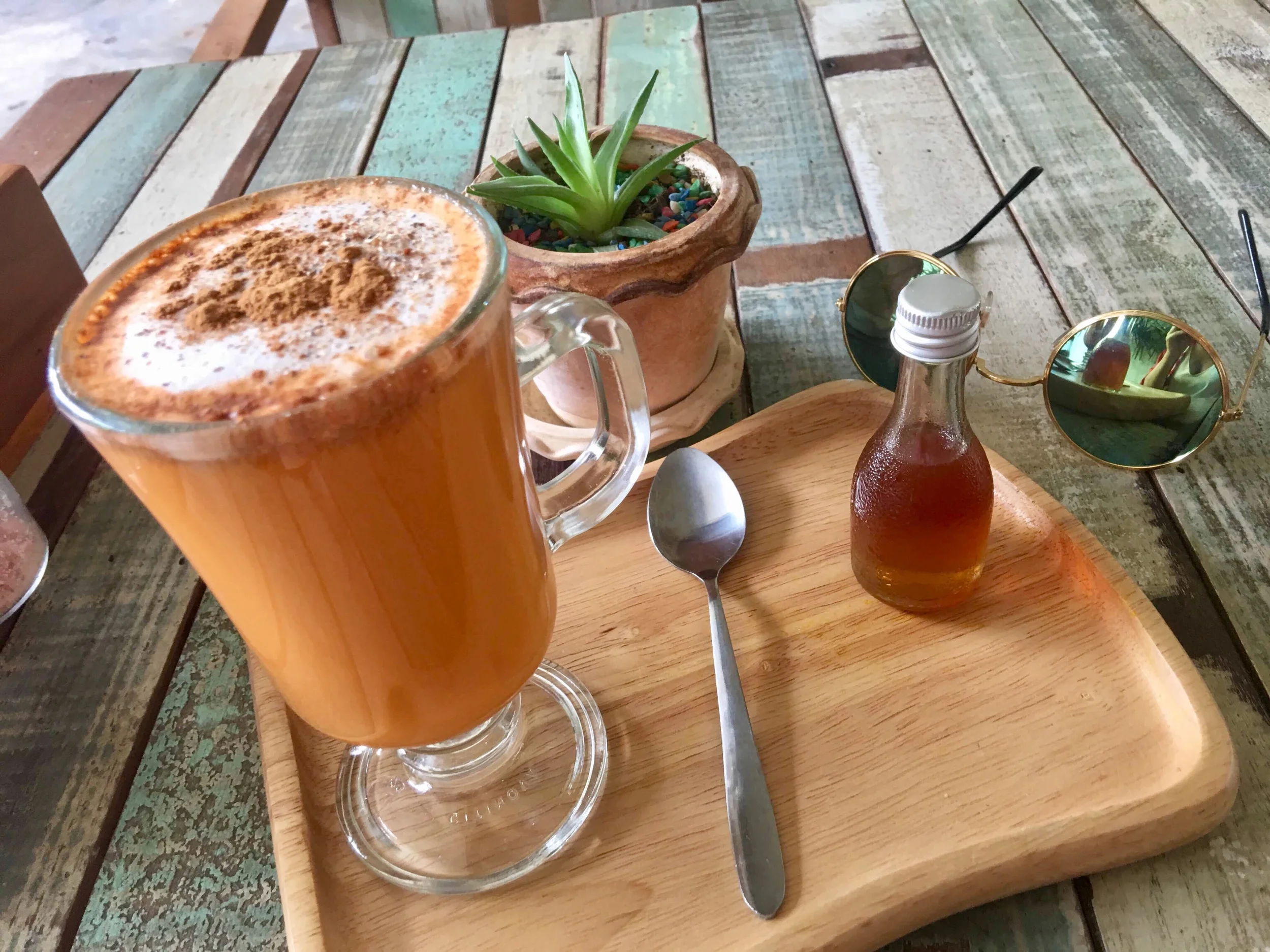 Vegan masala chai served with indivually bottled honey. Pure Vegan Heaven, Koh Samui, Thailand.