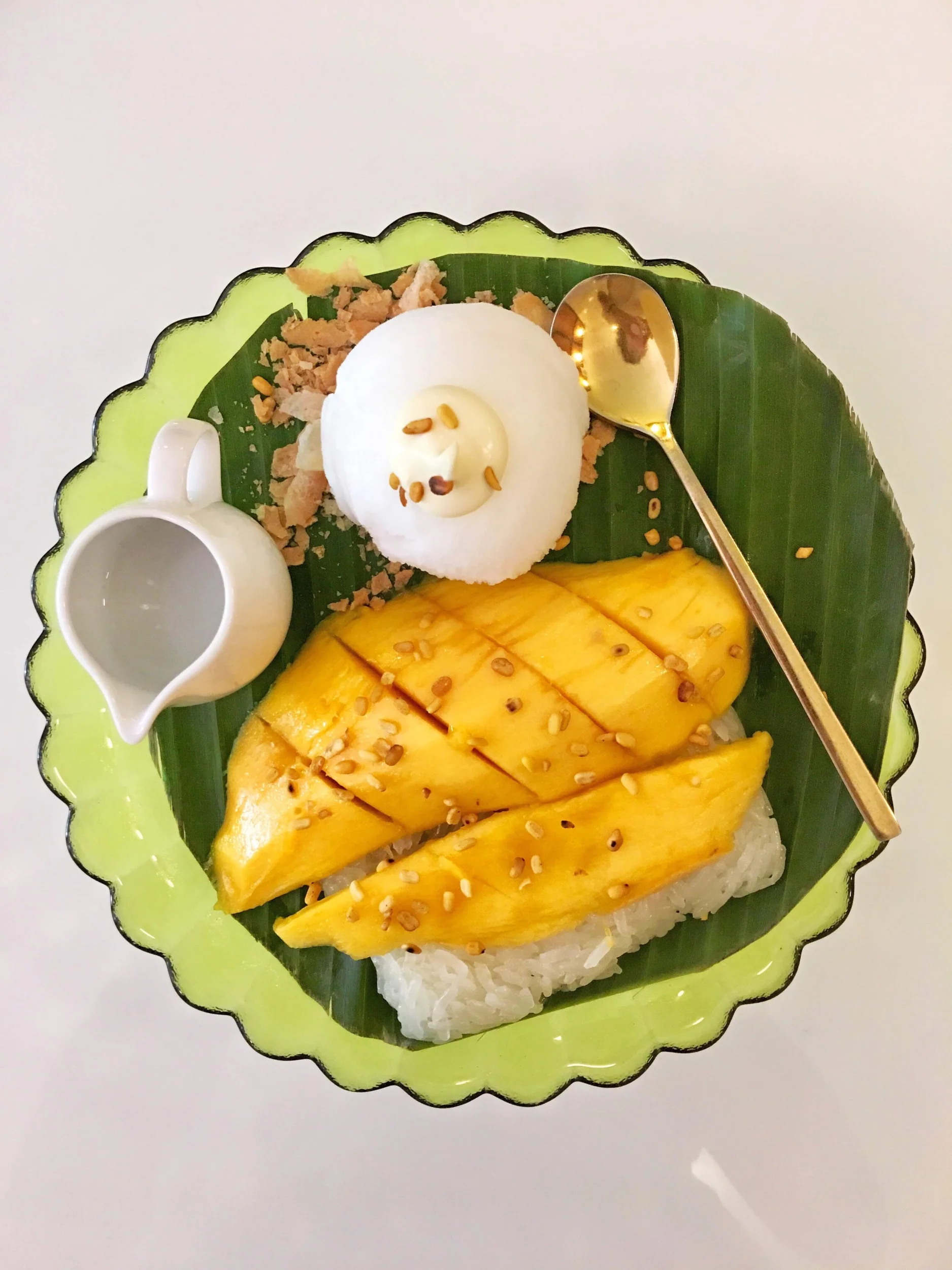 Flavors worthy of a golden spoon. Served here with coconut milk ice cream. Bangkok, Thailand.