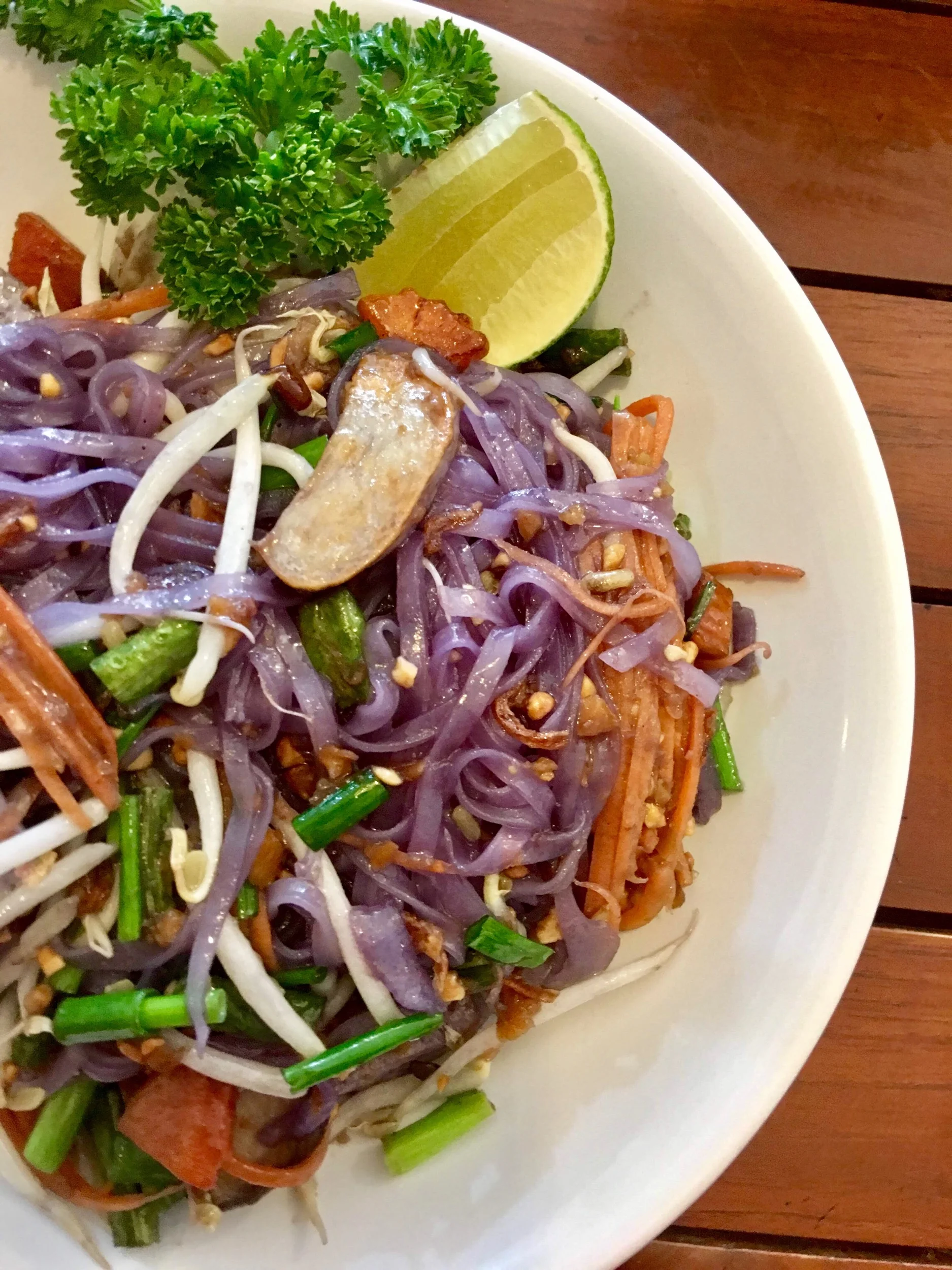 Pad Thai made with butterfly pea noodles. Anchan Vegetarian Restaurant, Chiang Mai, Thailand.