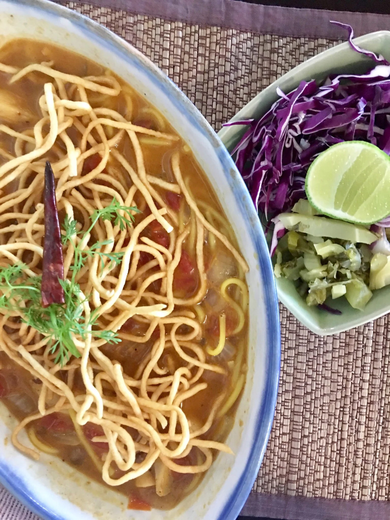 The evolution of Khao Soi, northern Thailand’s signature noodle dish. This vegan version is from Reform Kafe, sans the egg noodles. Chiang Mai, Thailand.