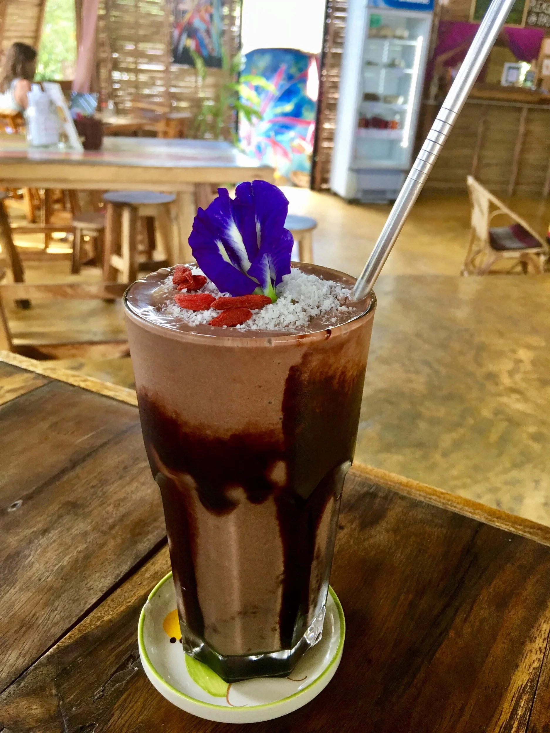 My favorite smoothie in the world: Banana Cacao Smoothie. Coconut milk, banana, cacao, dates. Blossoms Cafe, Pai, Thailand.