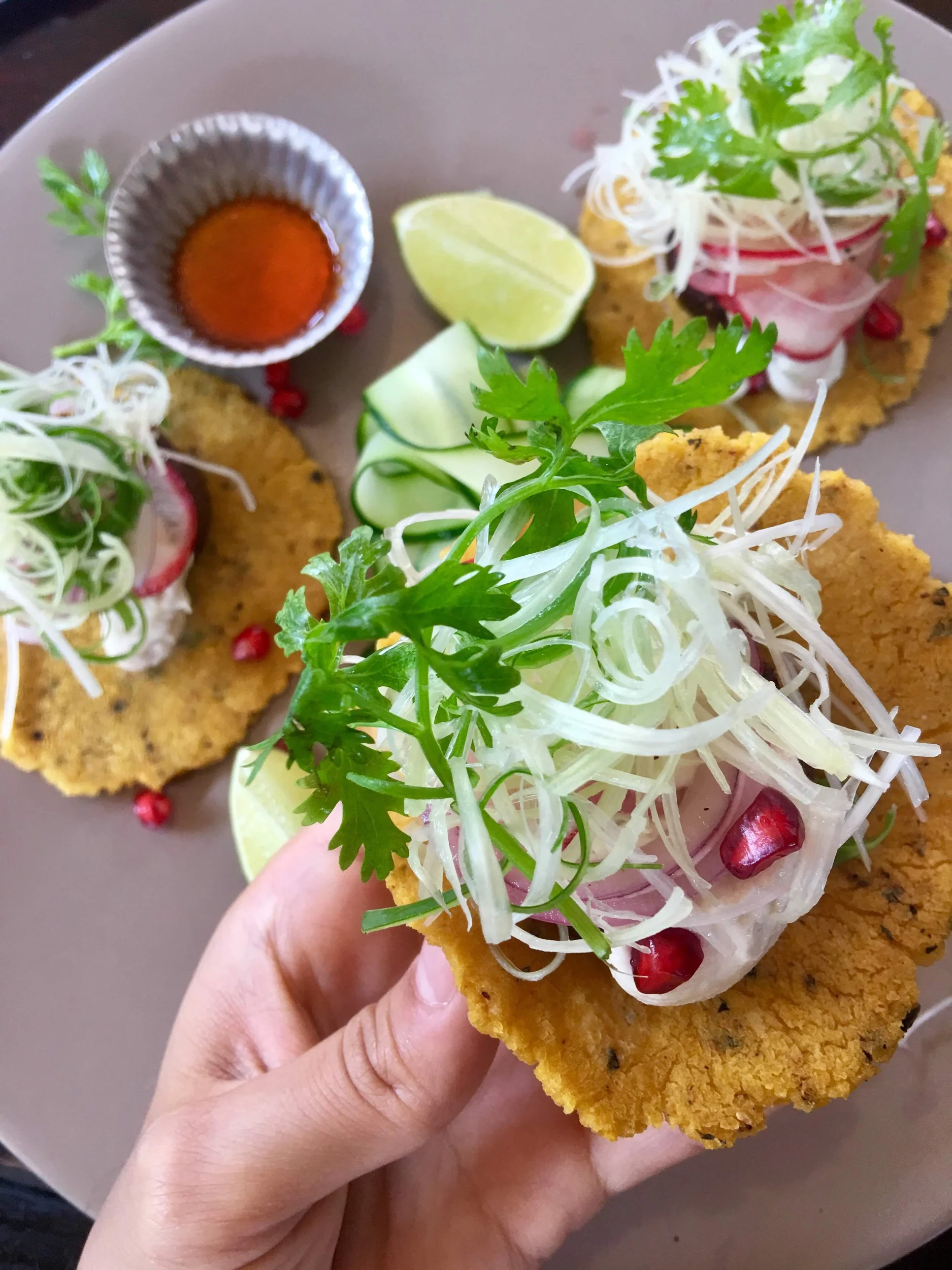 Gluten-free falafel tacos, all locally sourced veggies. Rustic and Blue, Chiang Mai, Thailand.