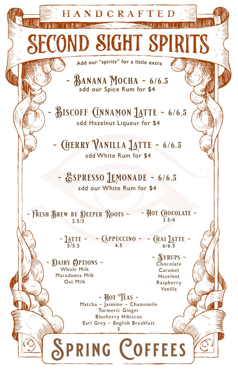 Menu listing coffee drinks offered this Spring! Coffee drinks include a banana mocha, cinnamon biscoff latte, cherry vanilla latte, and espresso lemonade