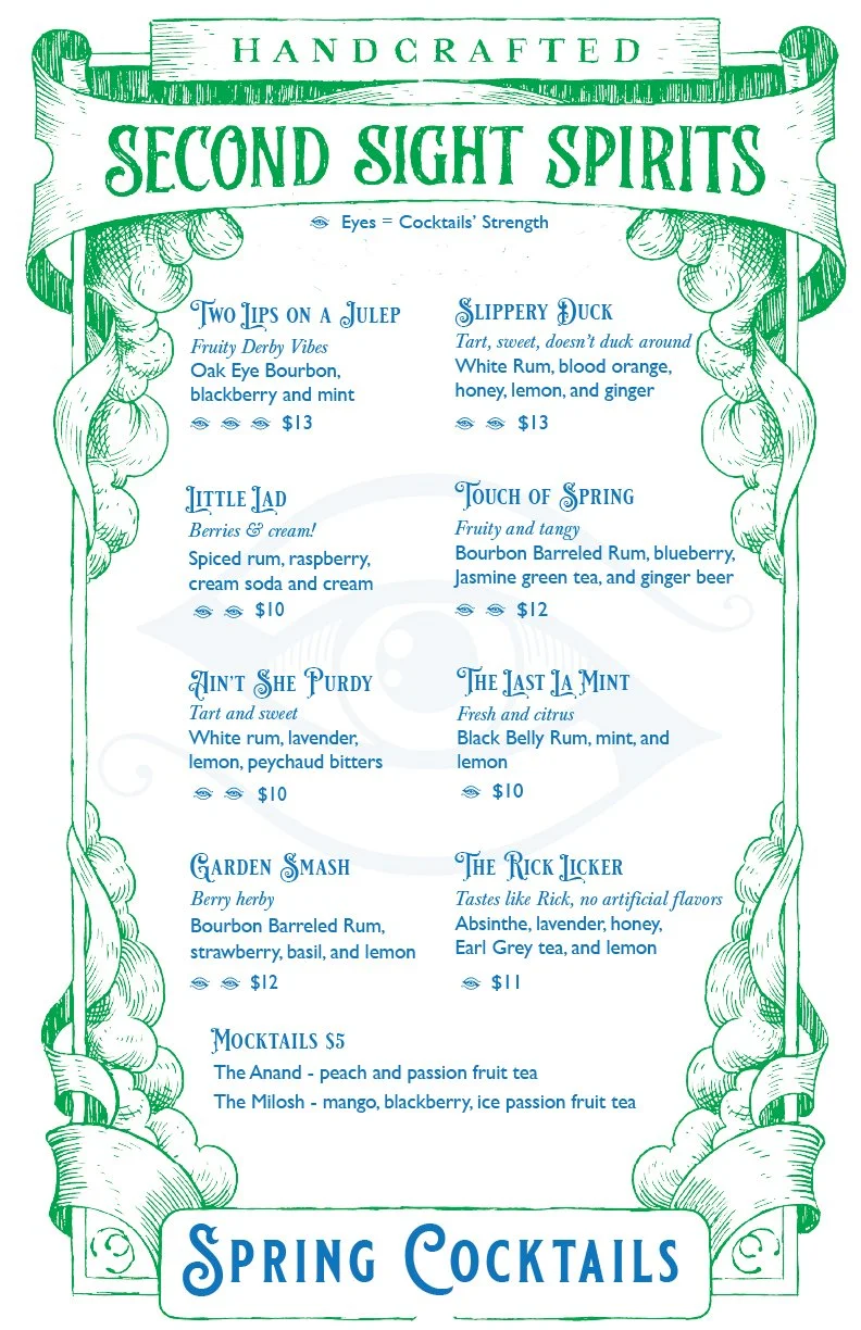 Menu describing cocktails offered this Spring. The cocktails include flavors like honey, lemon, blood orange, mint, blueberry, raspberry, Jasmine tea, strawberry, lavender, and basil. The bottom of the menu features non alcoholic mocktails.