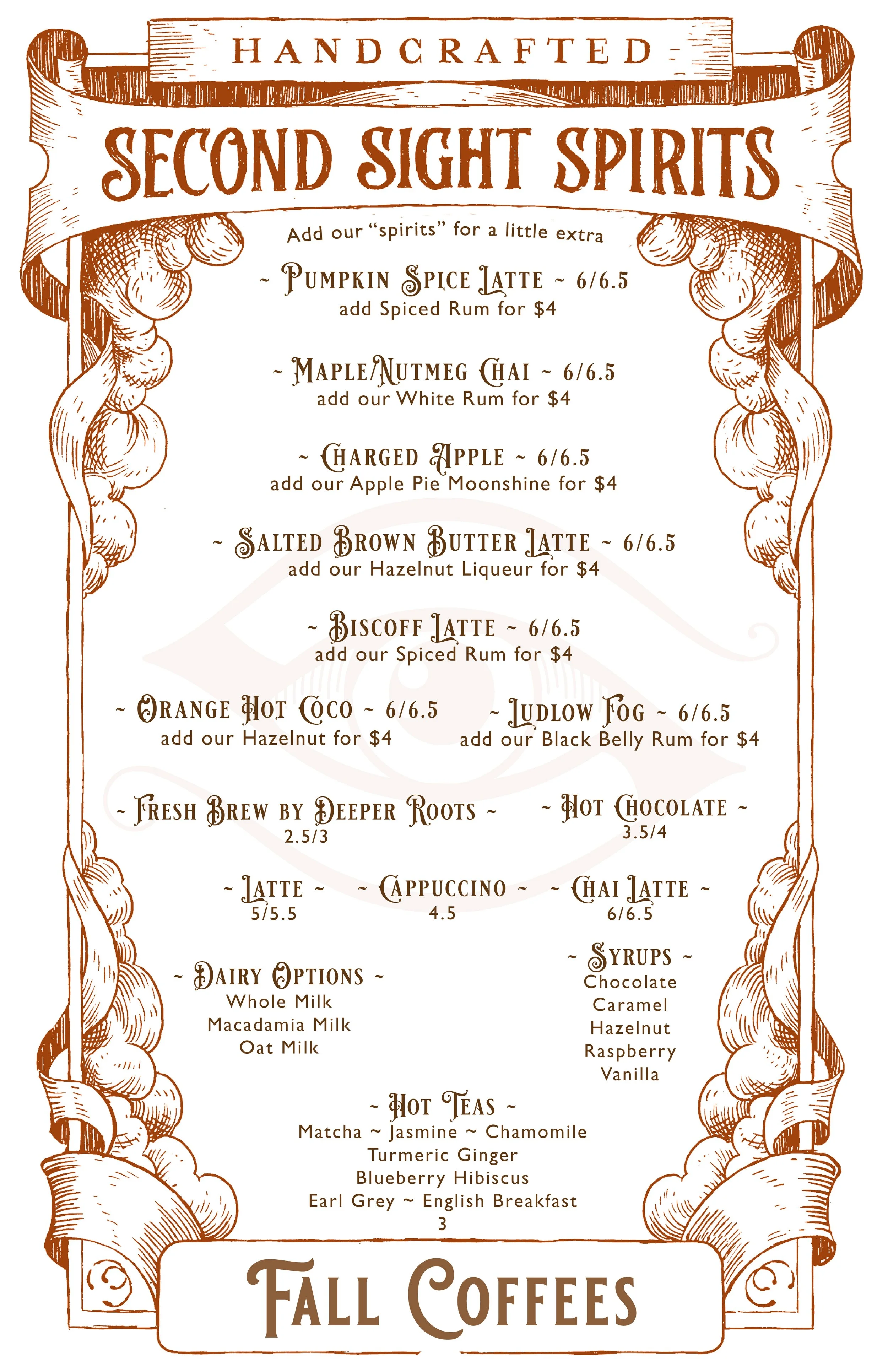 The fall coffee menu from Second Sight Spirits. The coffee menu is created using Deeper Roots coffee roasted in Cincinnati, Oh and elevated using house made syrups to bring out fall flavors.