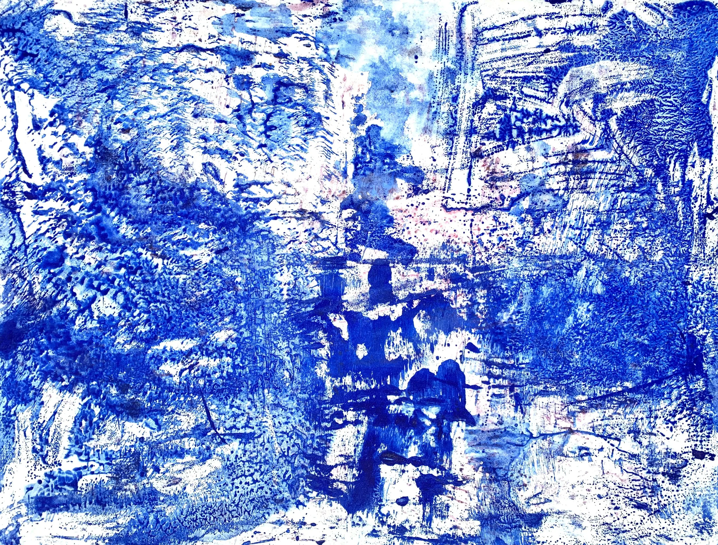 Blue 1, Ink on handmade rice paper, 23” X 31”.