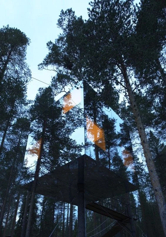 A tree hotel in the far north of Sweden, near the small village of Harads, close to the Arctic Circle. Mirror cube created by architectural firm Tham & Videgård Arkitekter. www.byrastrom.com