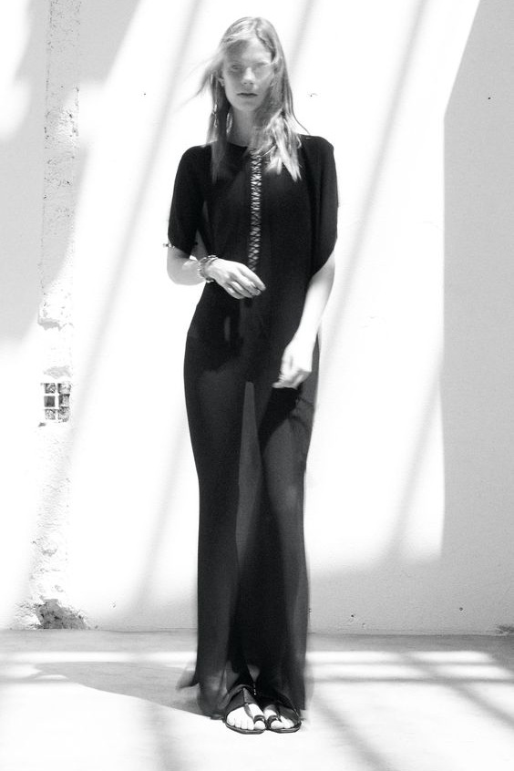 Long Embroidered & Tasseled Caftan Dress in Washed Black Silk by Saint Laurent