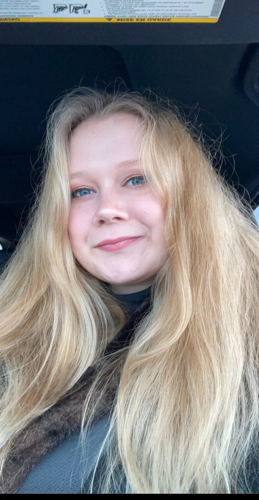 A young woman with long blonde hair and blue eyes taking a selfie inside a vehicle.