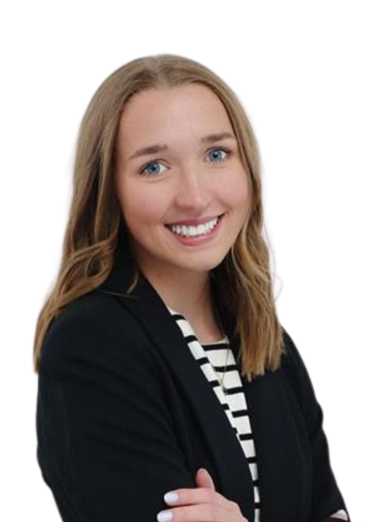 A woman with shoulder-length blonde hair, wearing a black blazer over a black and white striped top, smiling with arms crossed.