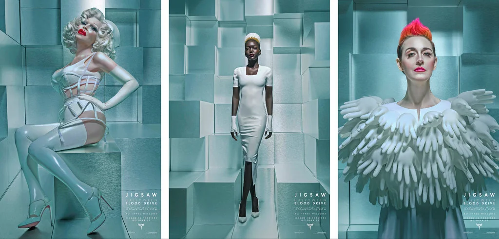 From left, Amanda Lepore, Nyakim Gatwech and Grae Drake, three models for a nurse-themed blood drive promotion, “All Types Welcome,” for the latest “Saw” movie. The campaign was designed to push back against restrictions on L.G.B.T. donors. CreditTi…
