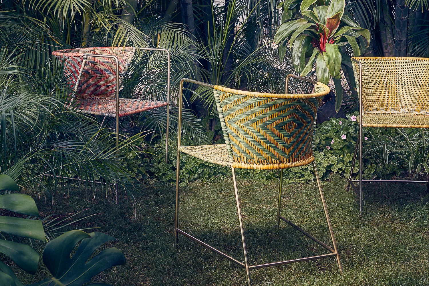 Cane Wire Curve Chairs Dyed Woven Bamboo & Bent Metal | 28.5”x 22”x 21”
