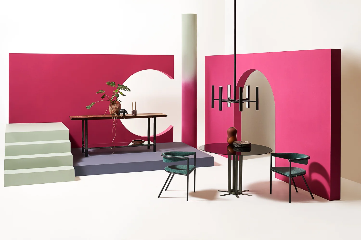 Upholstered Curve Chair Metal & Upholstery | 21” x 21” x 17.75” Roots Dining Table Passivated Metal & Glass | 48”x 48”x 30” Lotus Dinner Plates Marble Big Dipper Console Solid Carved Wood, Metal & Mirror | 7’x 18”x 36” Cosmos Candle Holder Hand Carved Marble | 2.75”x 2.75”X 5” Rhino Sculpture Hand Carved Marble | 9”x 4”x 6” Candice Chandelier Metal & Marble | 2’ x 16”