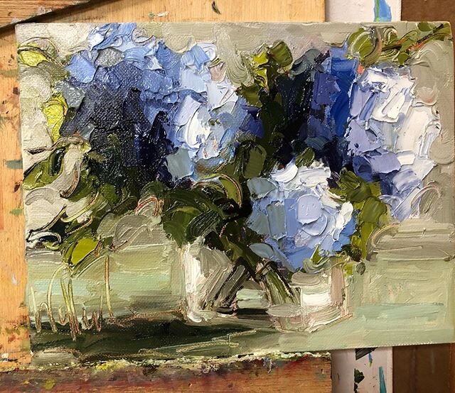 Blue Hydrangeas oil 9x7 .. Prepping for next Thursday&rsquo;s painting fun fabulous florals workshop with instructor Regina Willard  at Splatter Studio ... class is full but there is a wait list!
