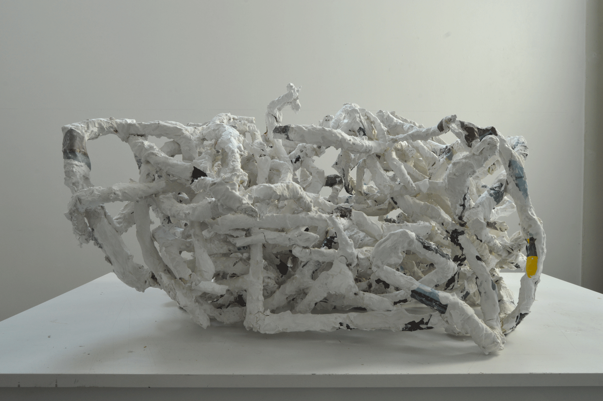  Untitled, (Small White Tangle), 2 x 2 x 3 ½ ft. Plaster, Paper, Glue, Canvas, Paint, Birch, 2019 