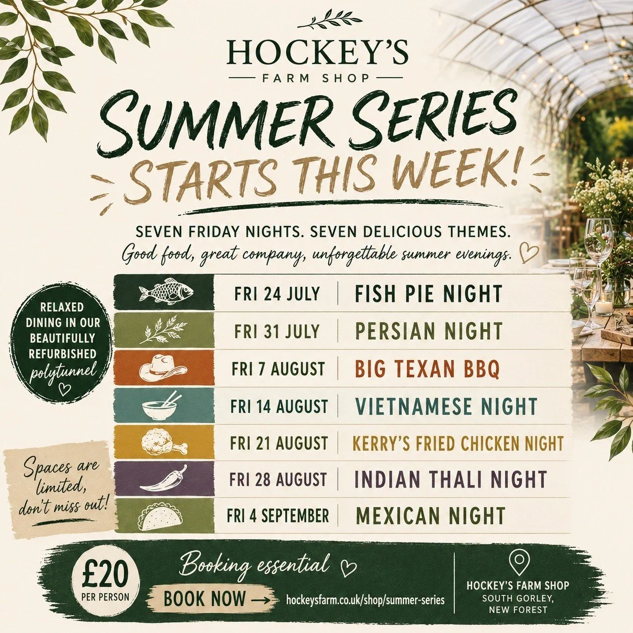 ✨ The countdown is on... our Summer Series starts THIS FRIDAY!

From Fish Pie Night to Texan BBQ, Persian, Vietnamese, Indian Thali and Mexican evenings, we've got seven weeks of unforgettable Friday nights waiting for you.

Good food. Great company.