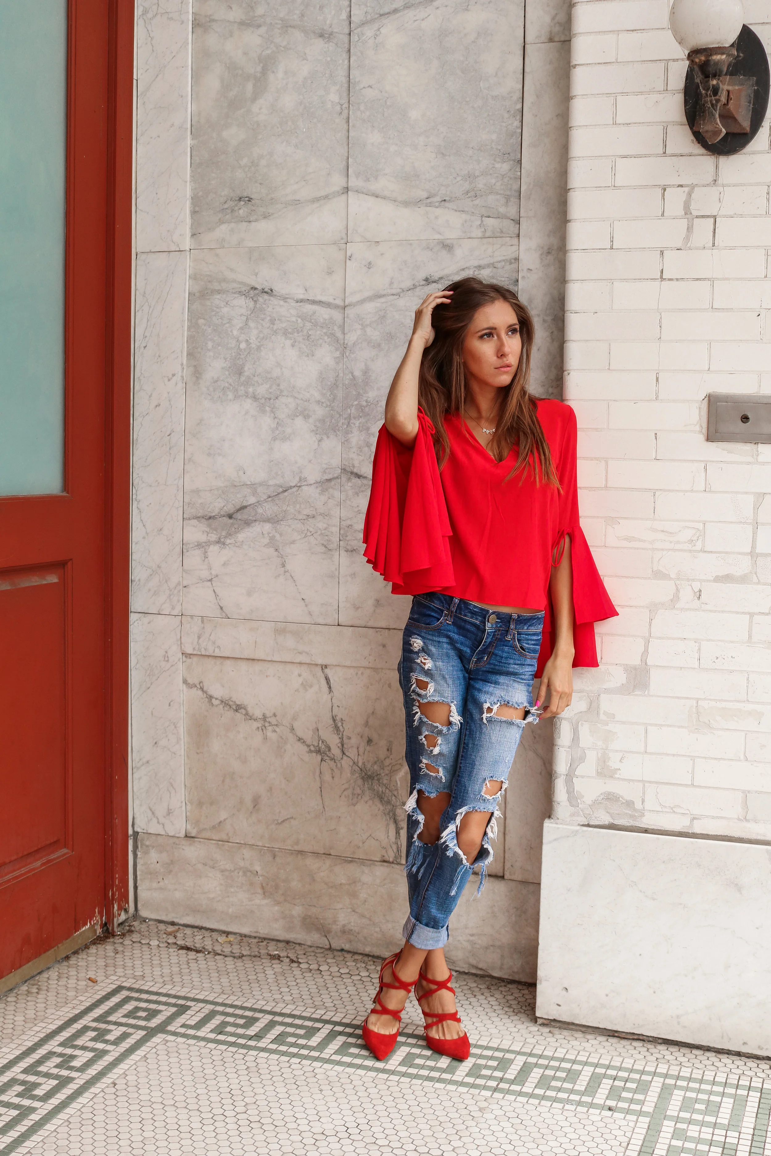 outfits with red blouse