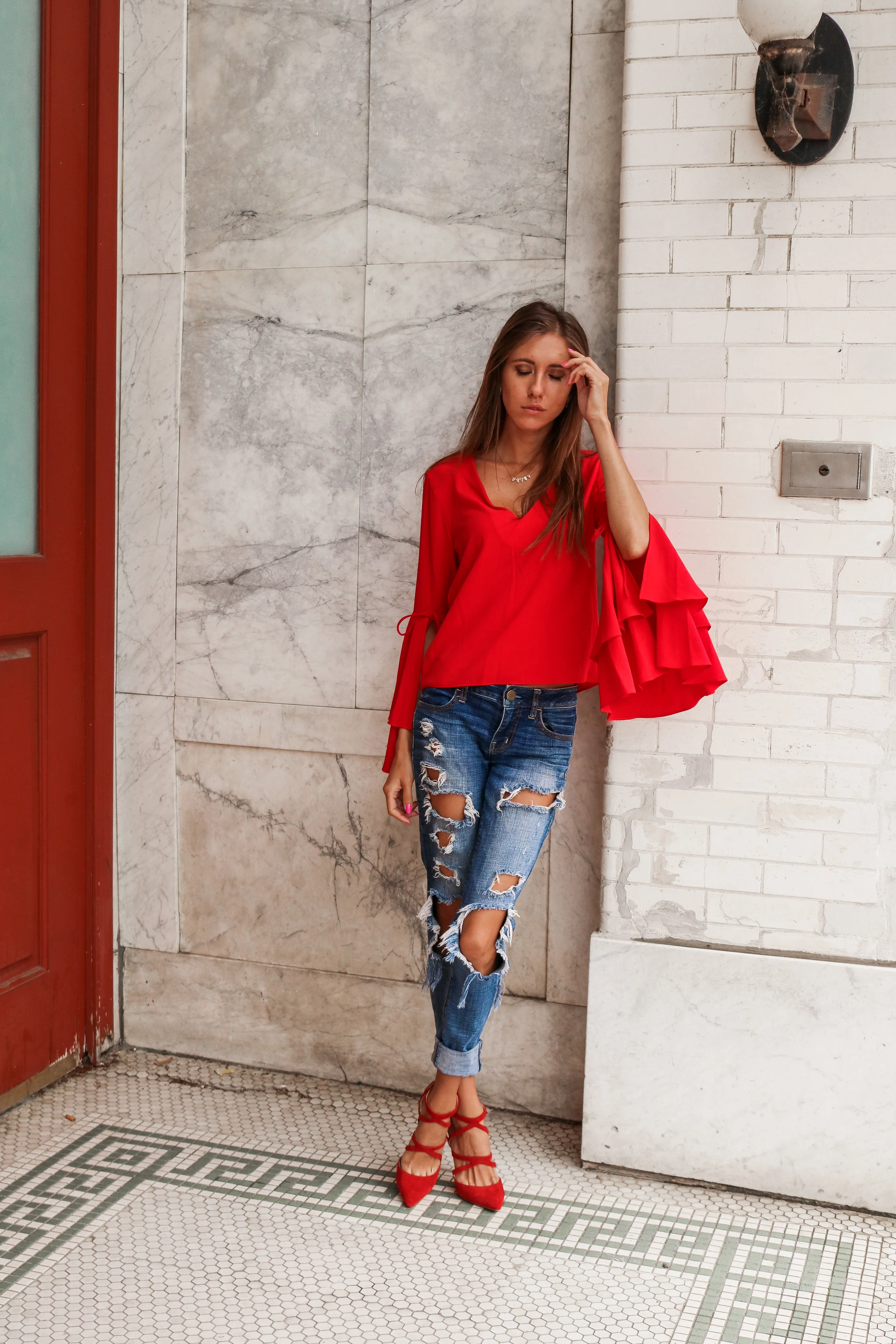 outfit with red top