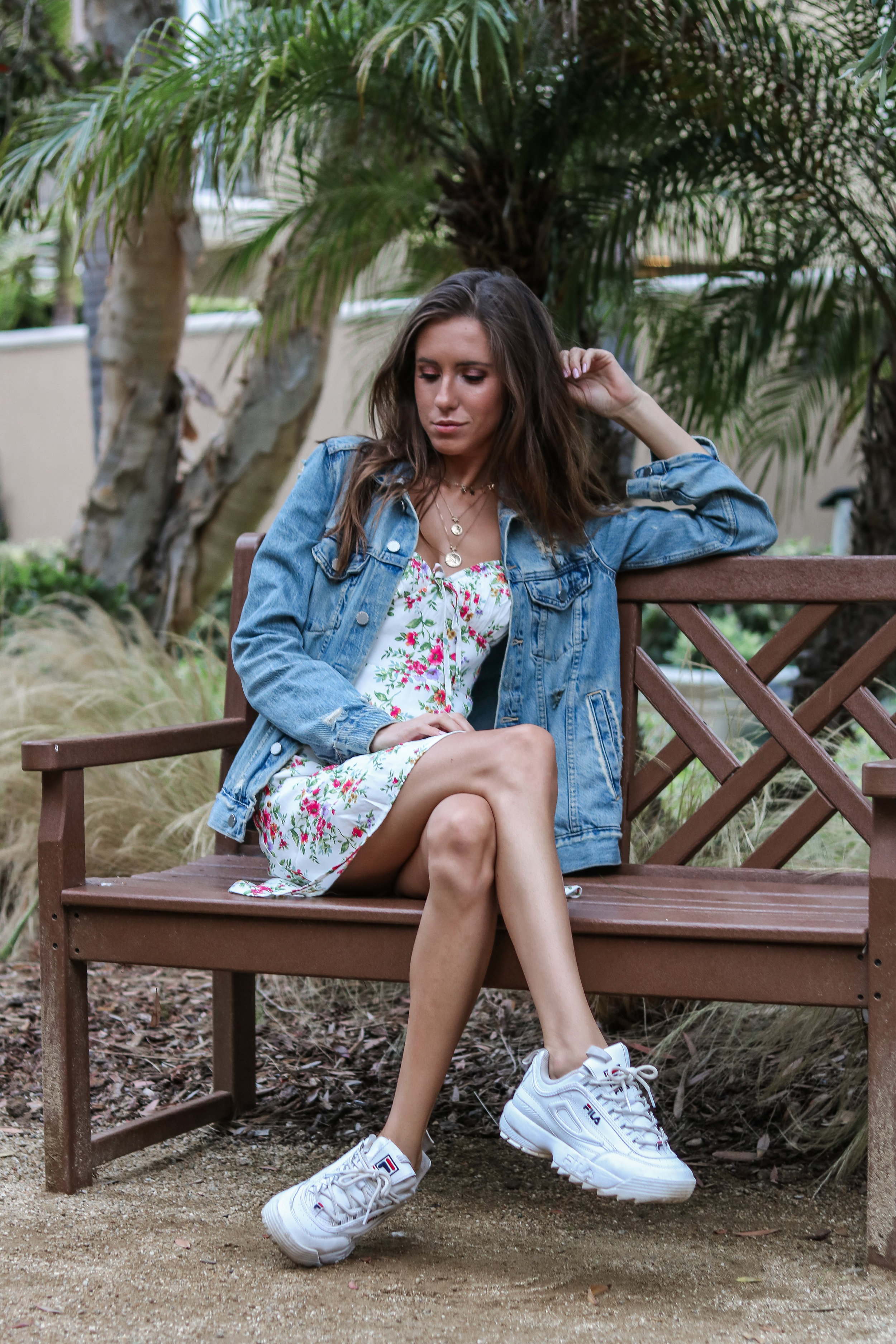 jacket, denim jacket, mini dress, floral dress, white sneakers