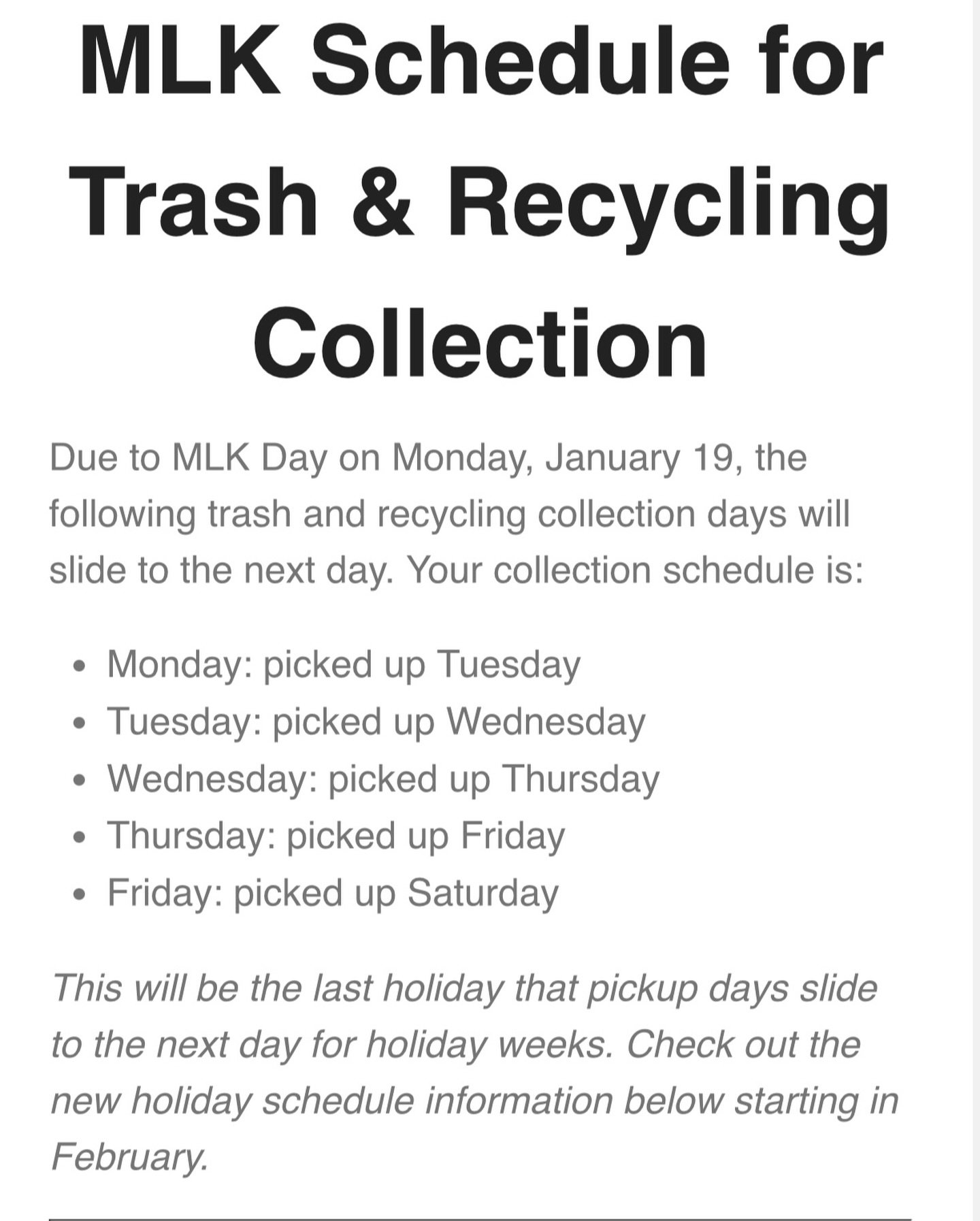 ‼️ FYI ‼️

Trash pickup information for MLK holiday. 

#nashville #info #belmonthillsboro #community #fyi