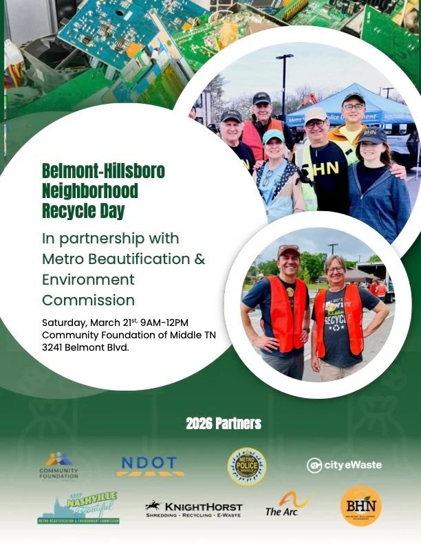 ♻️ Recycle Day Information ♻️

Neighbors, mark your calendars and start sorting your garages, attics and spare rooms! The annual Belmont Hillsboro Neighbors-Metro Beautification &amp; Environment Commission Recycle Day is March 21st from 9AM-Noon in 