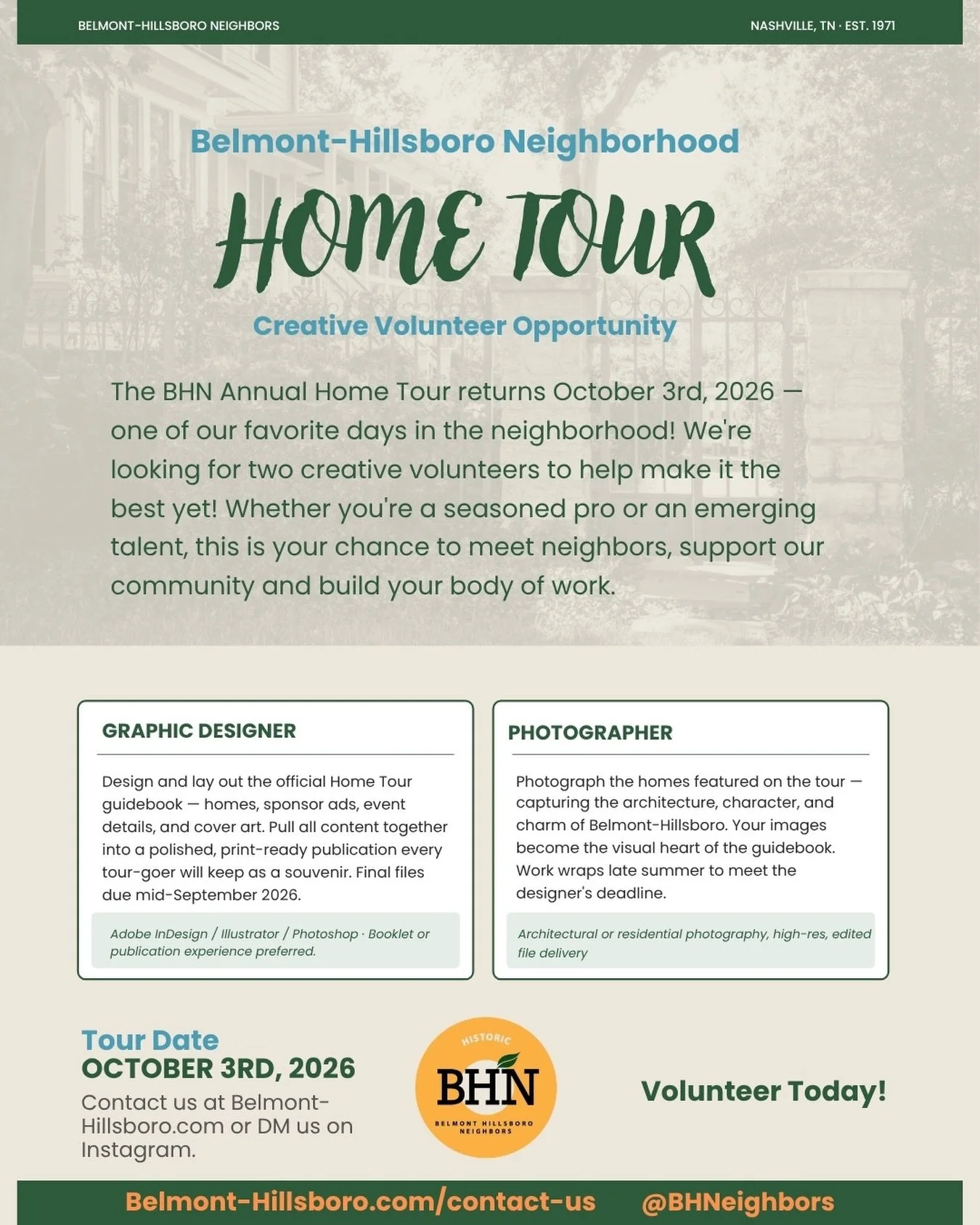 ‼️ CREATIVE NEIGHBORS, WE NEED YOU! ‼️

Our much-loved Belmont-Hillsboro Neighborhood Home Tour is back this year after a break in 2025 to celebrate our 50-ish anniversary! The BHN Home Tour is one of the best ways to meet neighbors and to learn abou