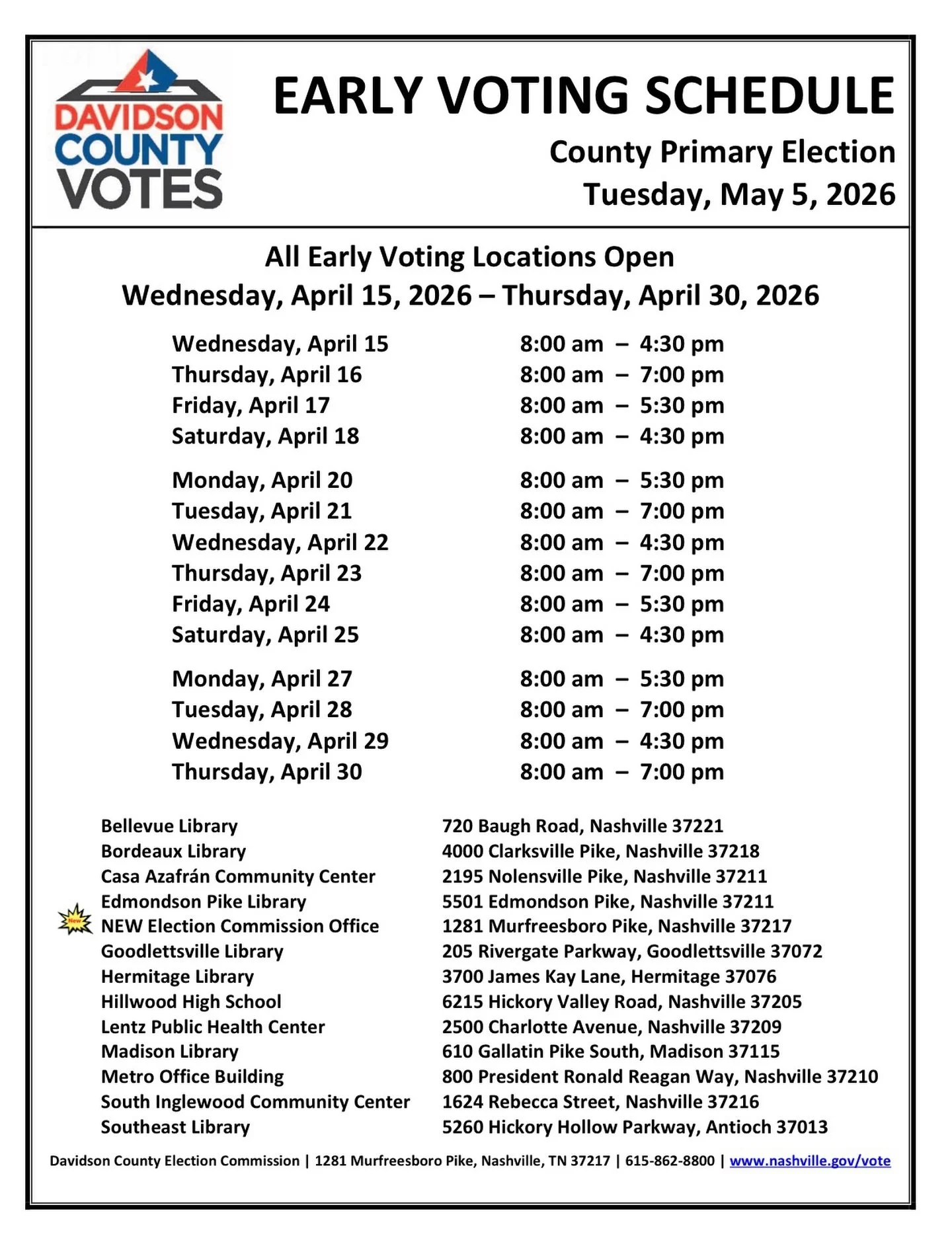 🗳️ It&rsquo;s Voting Time 🗳️

Early voting for Davison County starts today. General election is May 5th, 2026. Seats to fill include circuit county judges, school board representatives and court clerks. 

#vote #tennessee #nashville #davidsoncounty