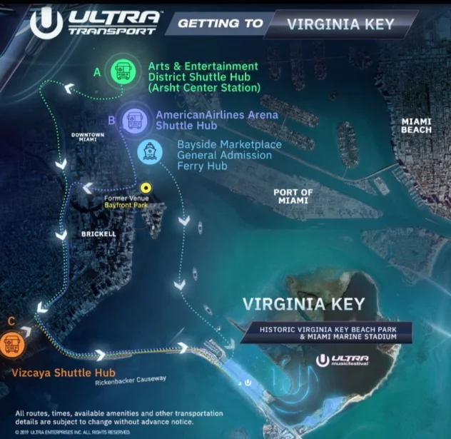 Parking will not be allowed on Virginia Key so ravers will get shuttled in from the Arsht Center, AAA & Bayside Marketplace via shuttle and ferries. Visit the Ultra website for further details