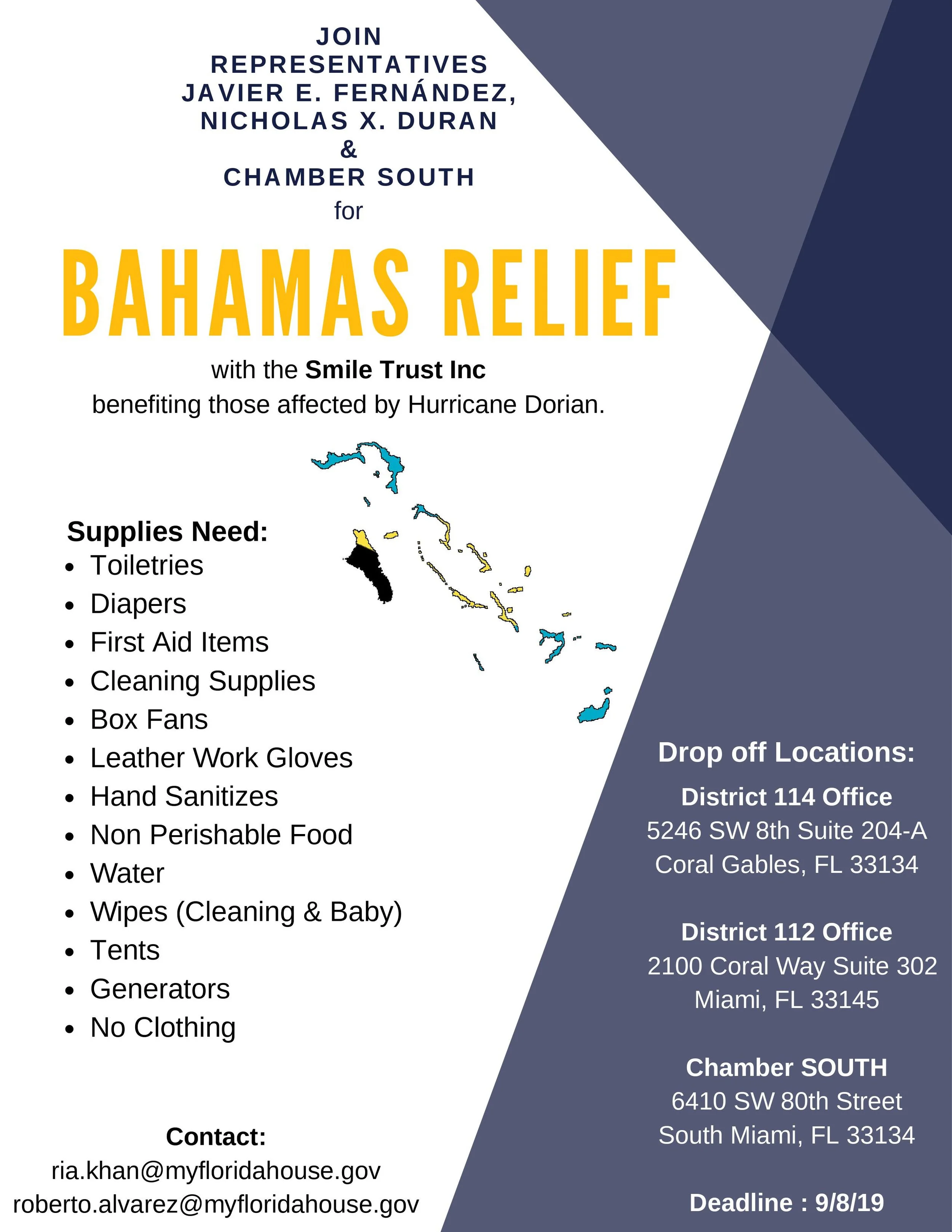 Bahamas Relief with representatives Javier Fernandez, Nicholas Duran &amp; Chamber South for Bahamas Relief alongside Smile Trust Inc. 