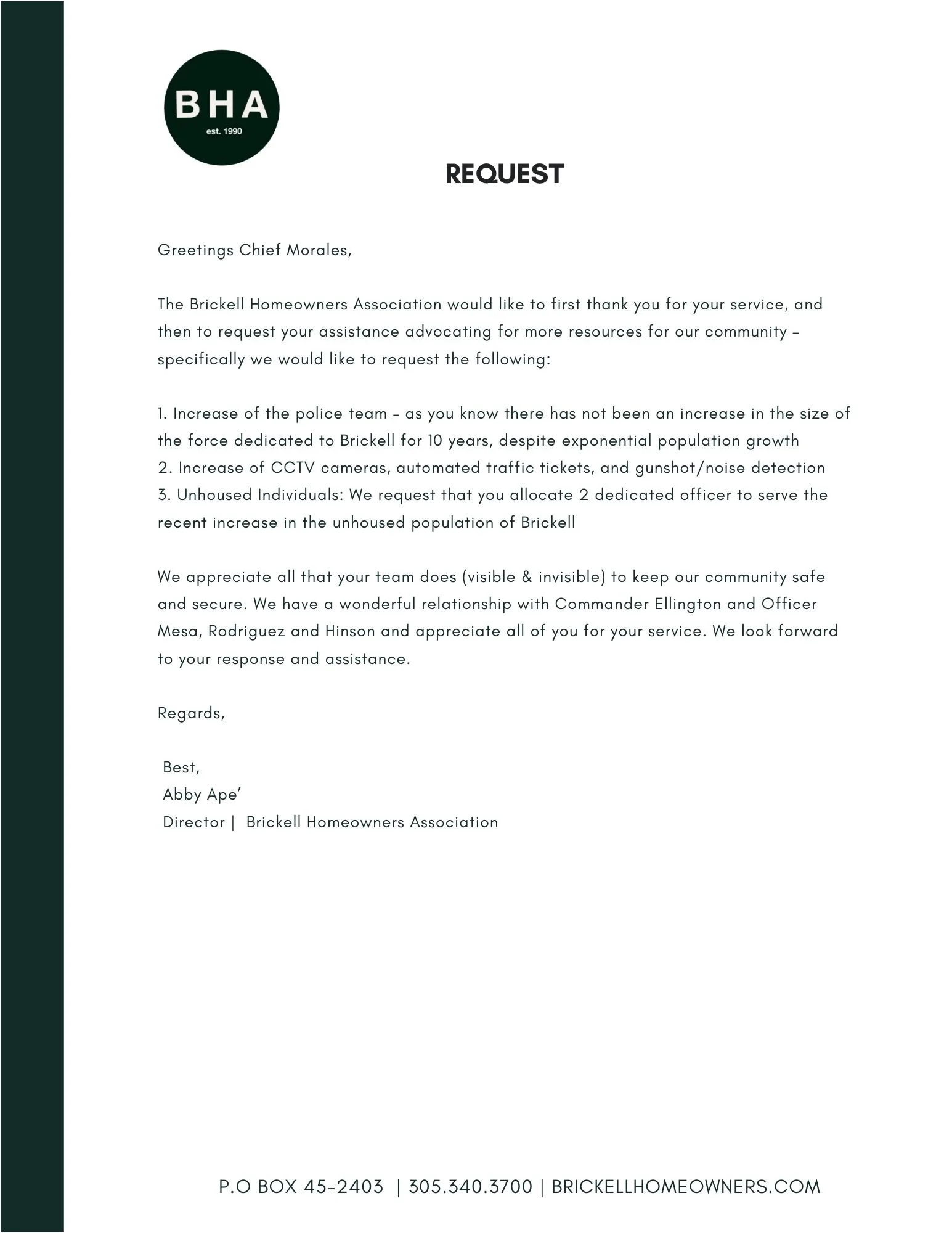 A Request for Police Chief Morales 